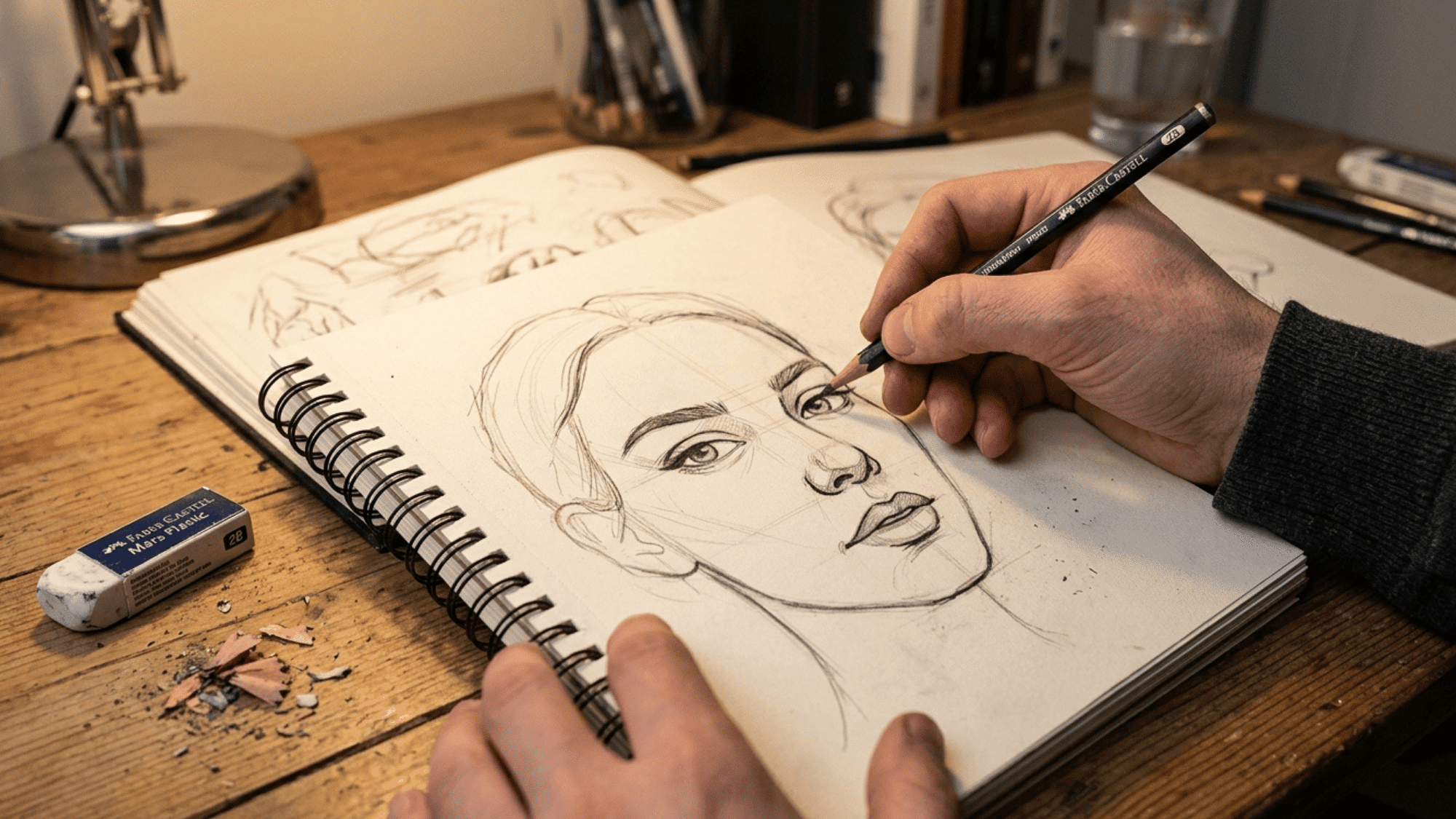 close up of pencil sketch of face with construction lines in sketchbook