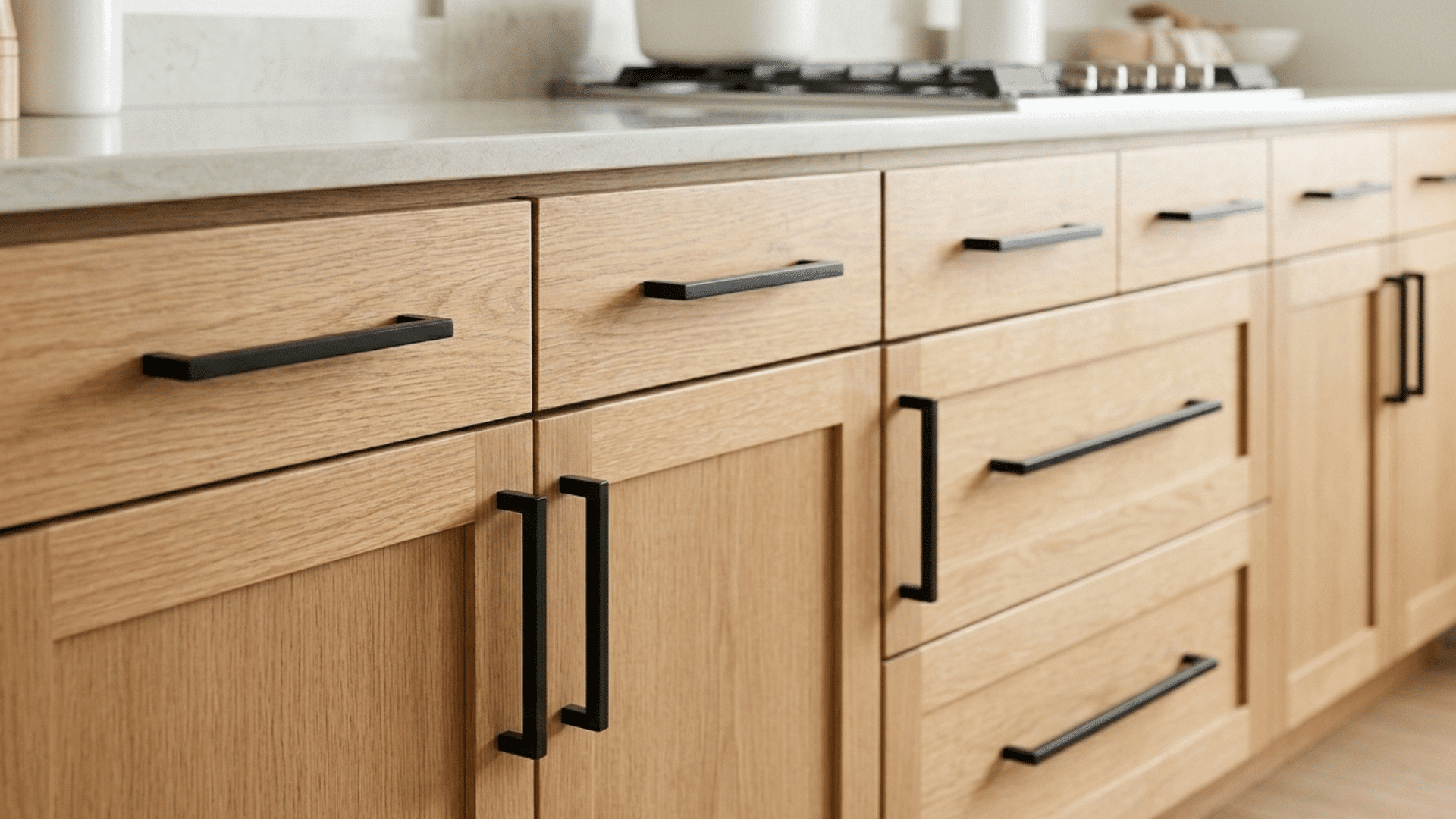 close-up of wooden kitchen cabinets with sleek black handles for a modern upgrade.
