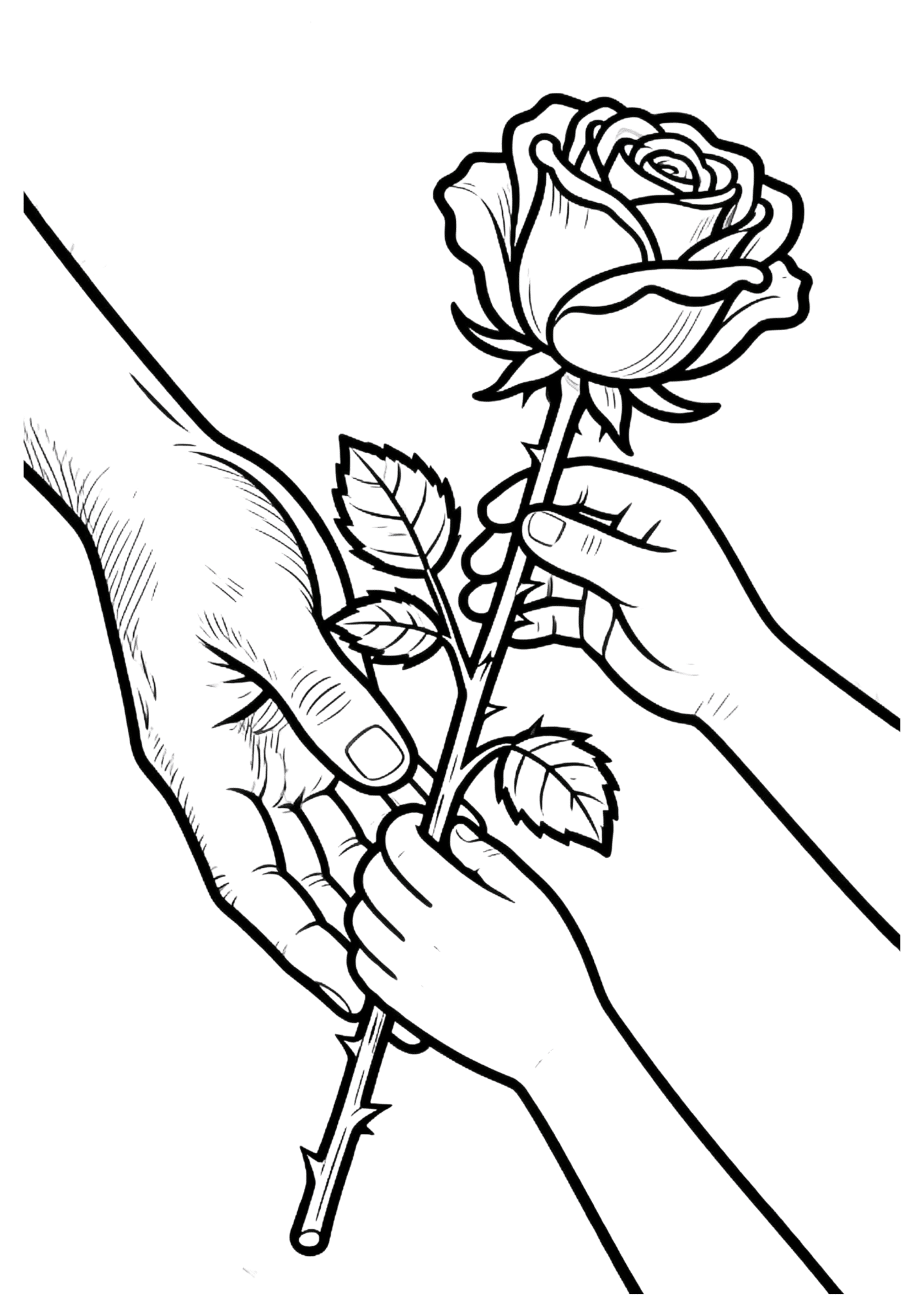 close view of hands passing a rose flower, symbolizing love and appreciation in a detailed line drawing