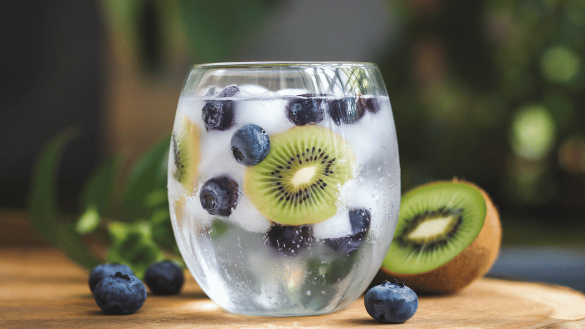 coconut water with frozen fruit ice cubes for a refreshing, hydrating snack