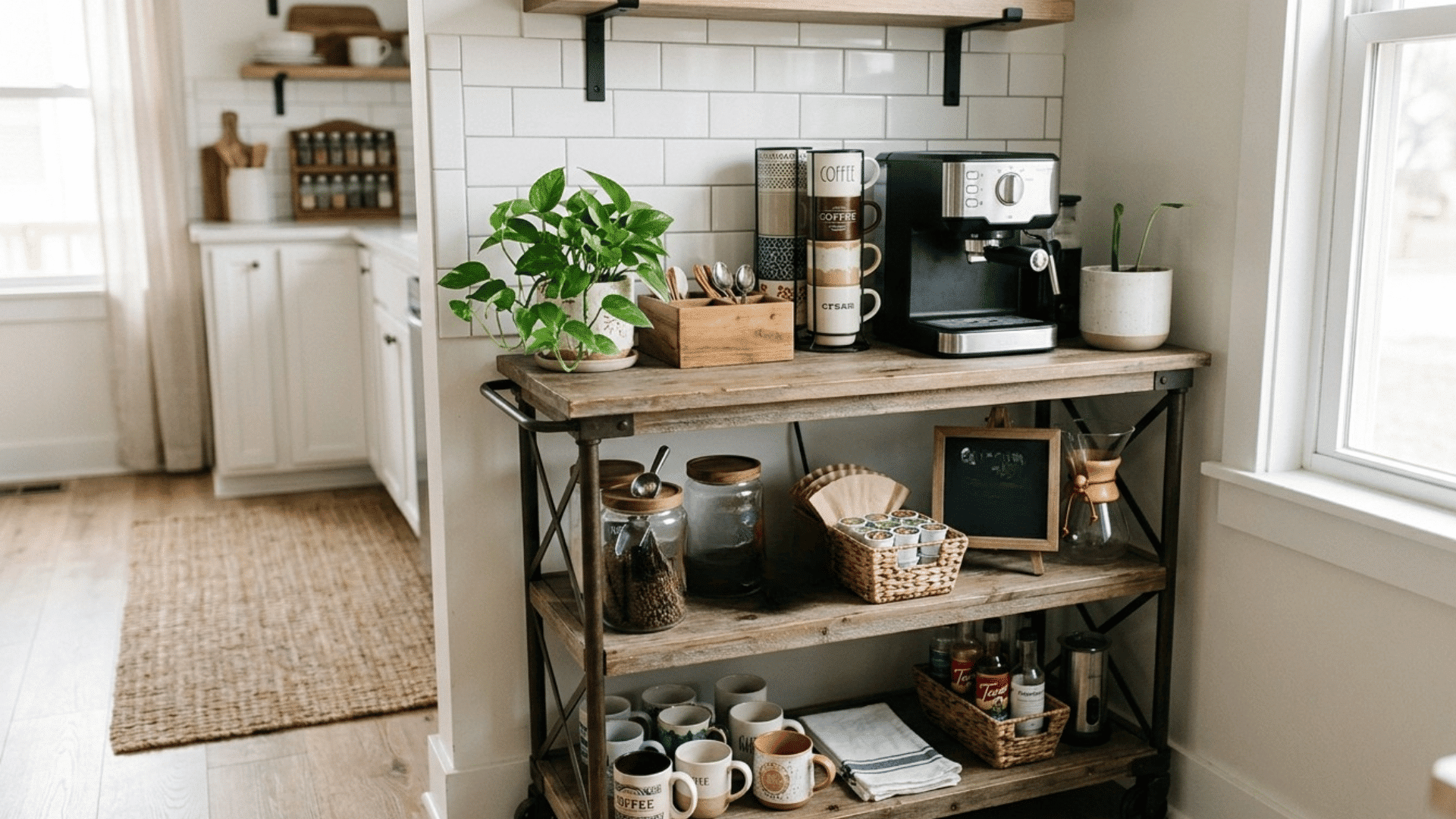 coffee station setup with mugs, jars, and coffee machine on a wooden cart. (1)