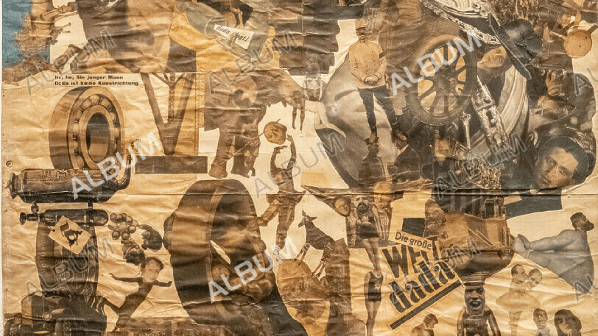collage artwork composed of cut photographs, text fragments, and chaotic imagery arranged to challenge traditional art and politics