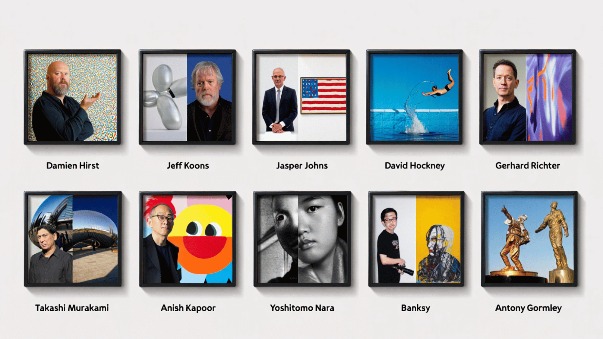 collage featuring ten of the world’s wealthiest living contemporary artists and their iconic artworks