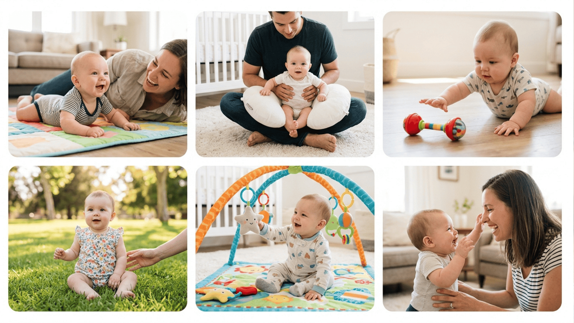 collage of babies playing, sitting, and interacting with parents indoors and outdoors