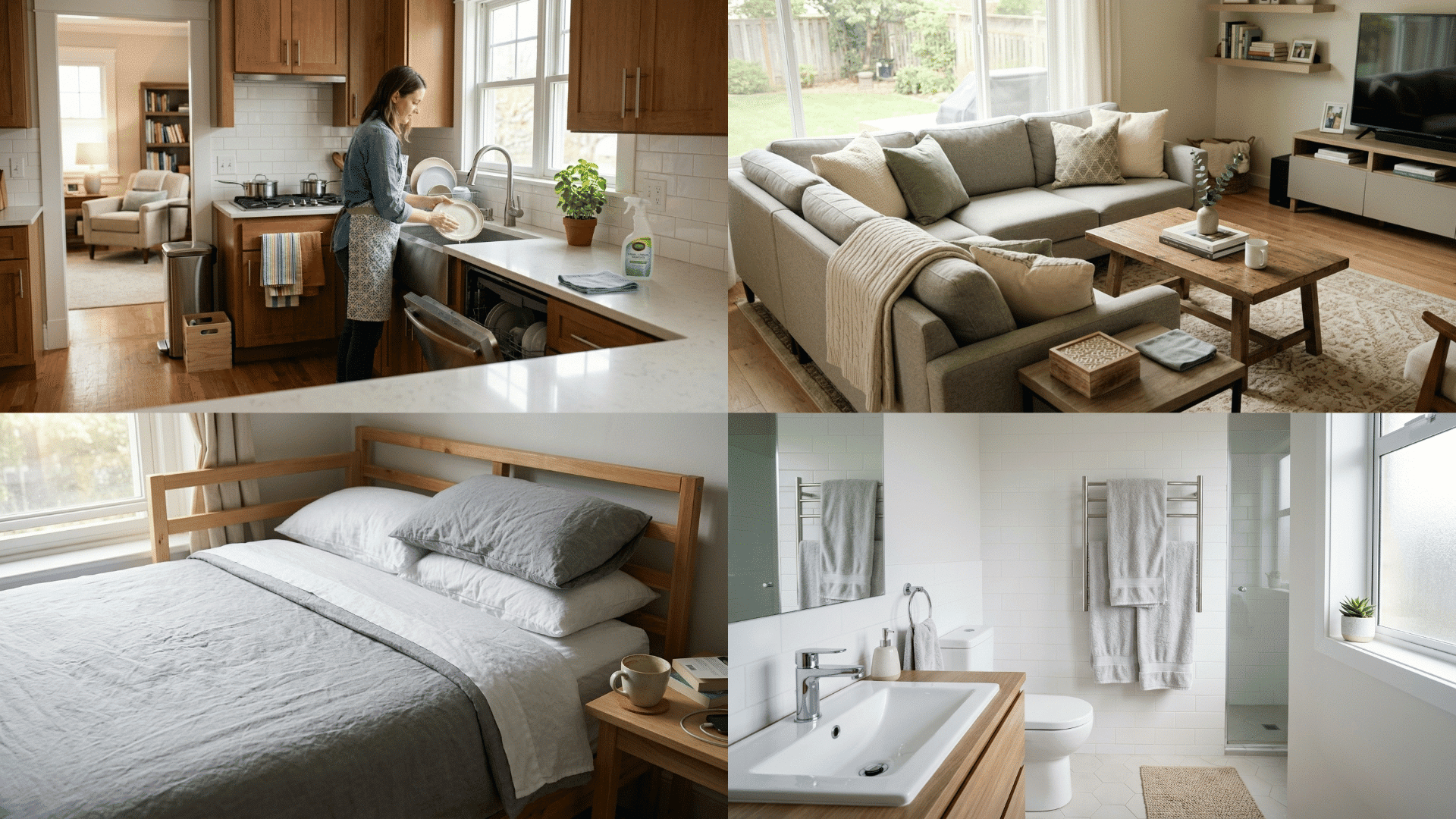 collage of clean kitchen, living room, bedroom, and bathroom showing daily home cleaning tasks.