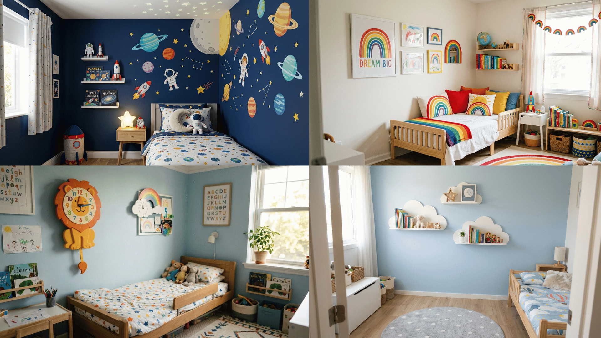 collage of kids bedroom decor ideas with themed walls, rainbow accents, fun clocks, and cloud shelves.