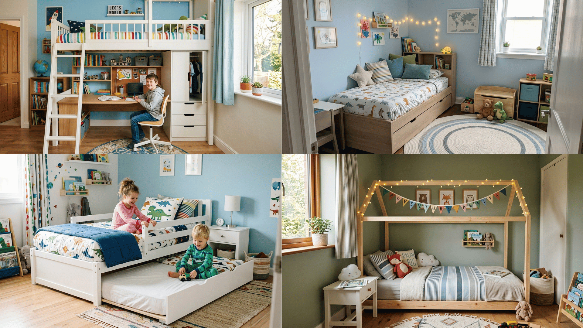 collage of kids bedroom ideas with loft bed desk, cozy bed decor, trundle bed, and house-style kids bed with lights.
