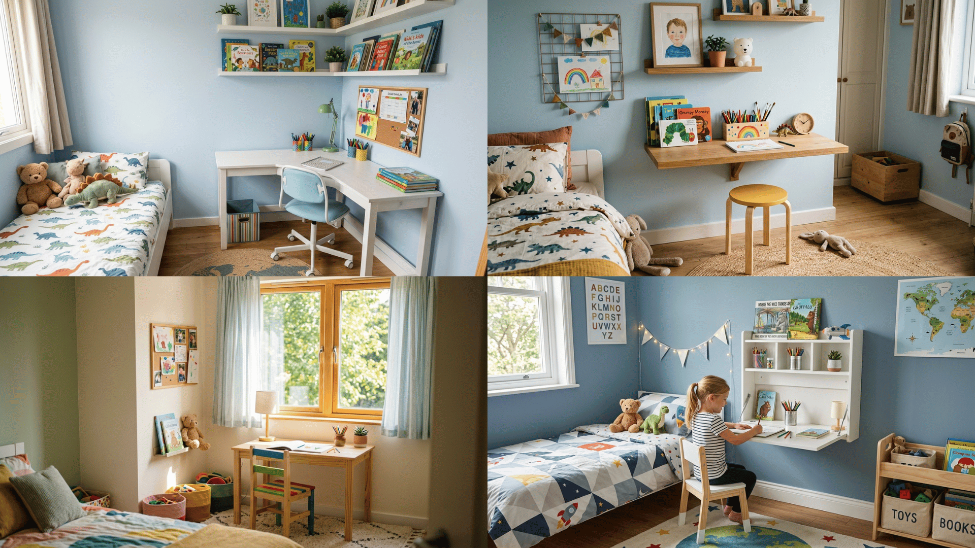 collage of kids bedroom study area ideas with wall desks, corner study tables, and compact homework stations.