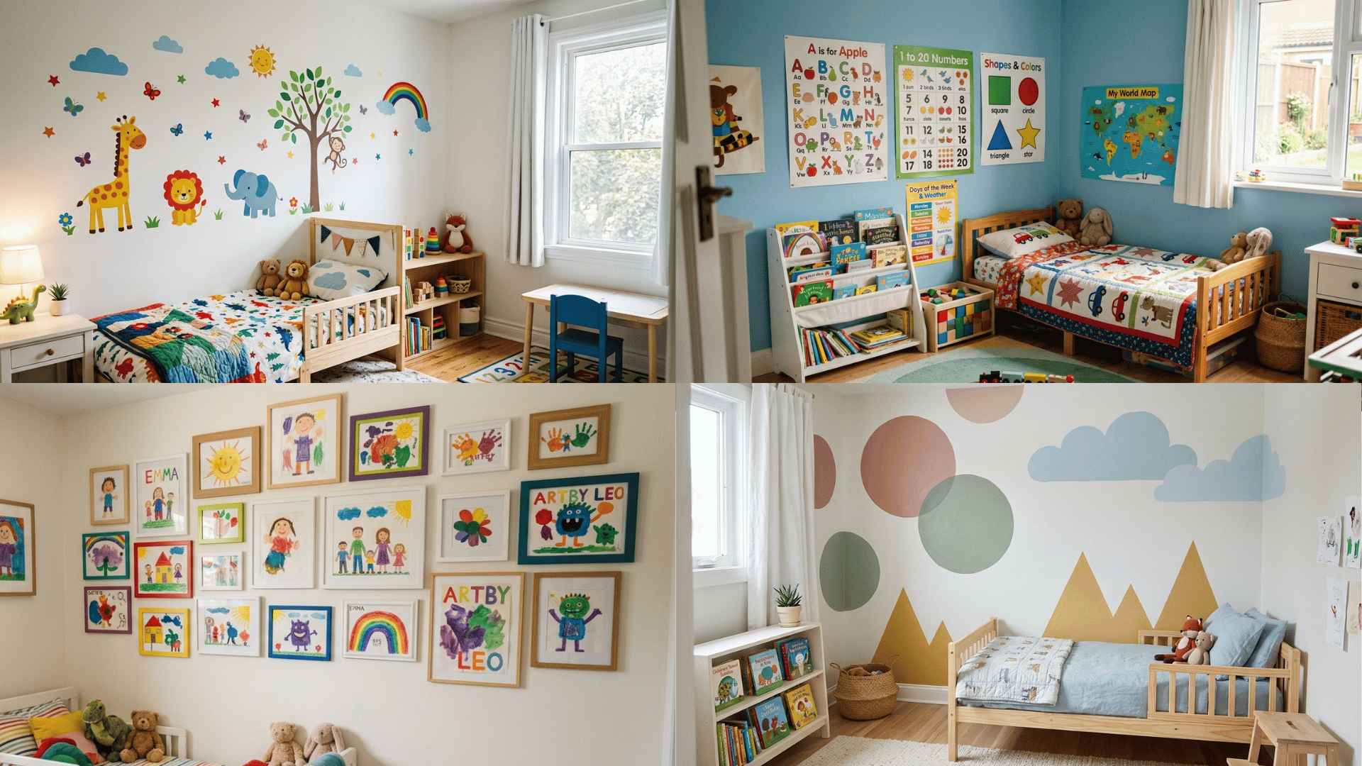 collage of kids bedroom wall decor ideas with decals, posters, gallery wall, and painted shapes.
