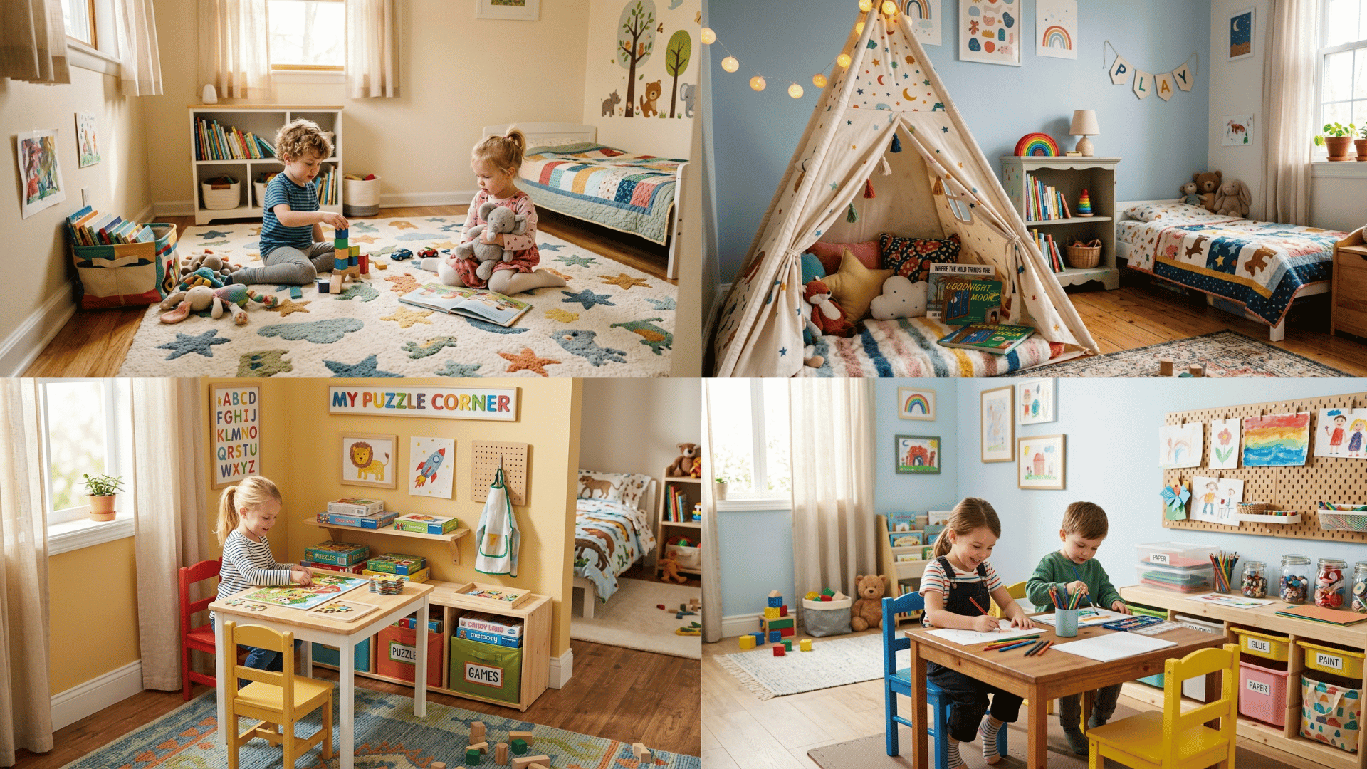 collage of kids play area ideas featuring rug play zones, indoor play tent, puzzle corner, and activity tables.