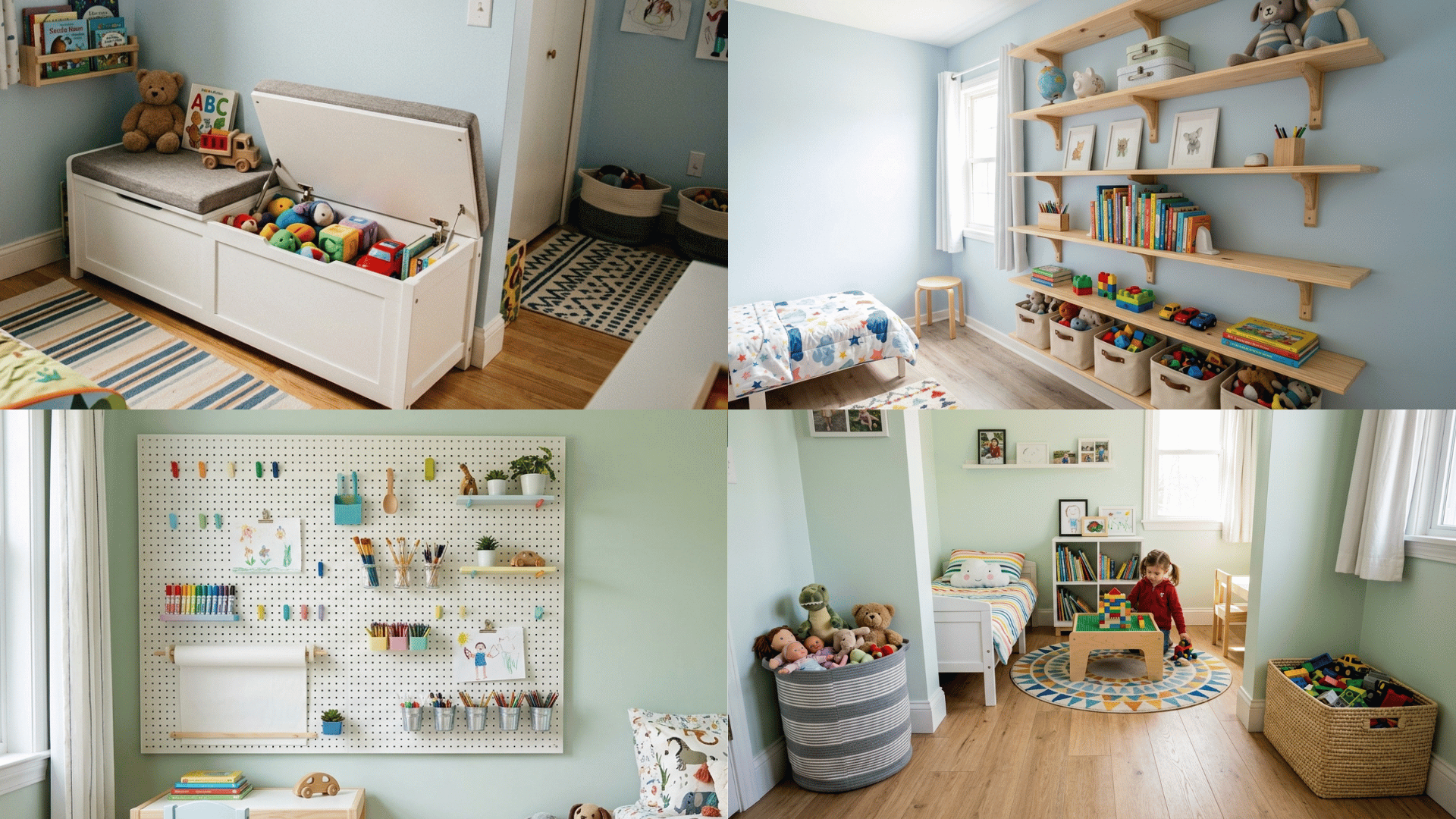 collage of kids room storage ideas with toy bench, wall shelves, pegboard organizer, and play area.