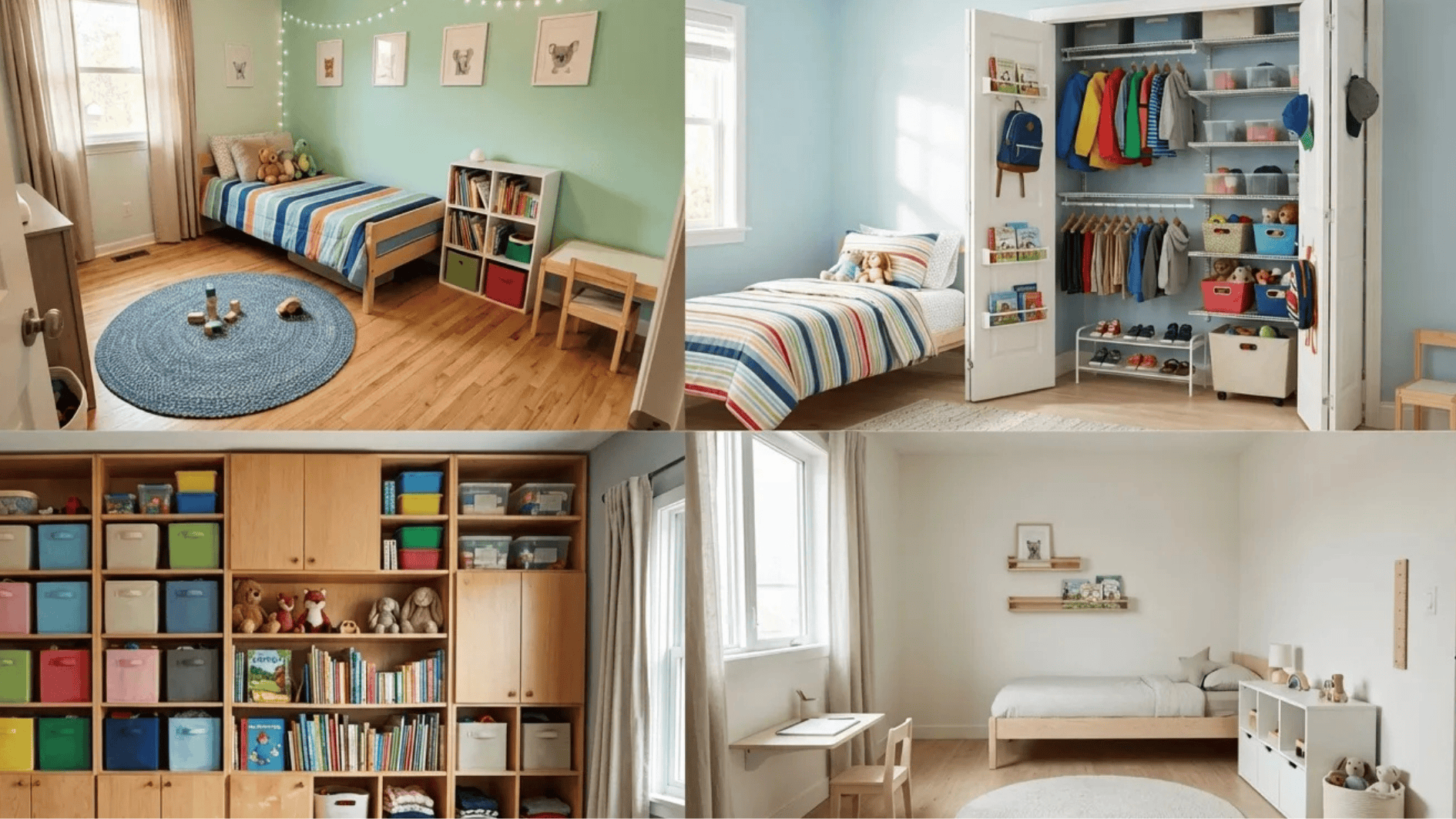 collage of small kids bedroom ideas featuring play area rug, organized closet storage, shelving, and minimalist layout.