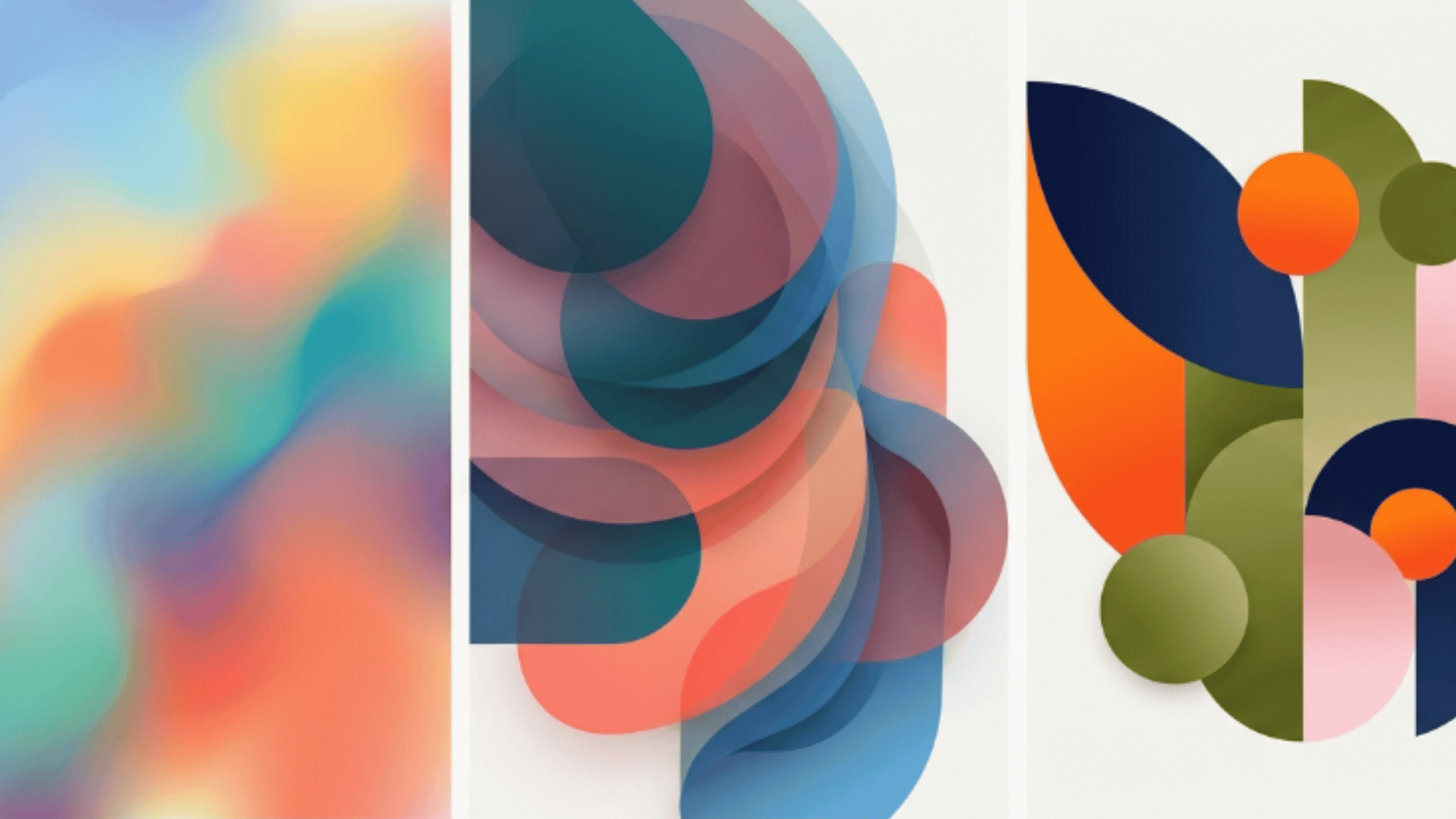 collage showing color mixing layering and contrast in three sections with gradients shapes on light background