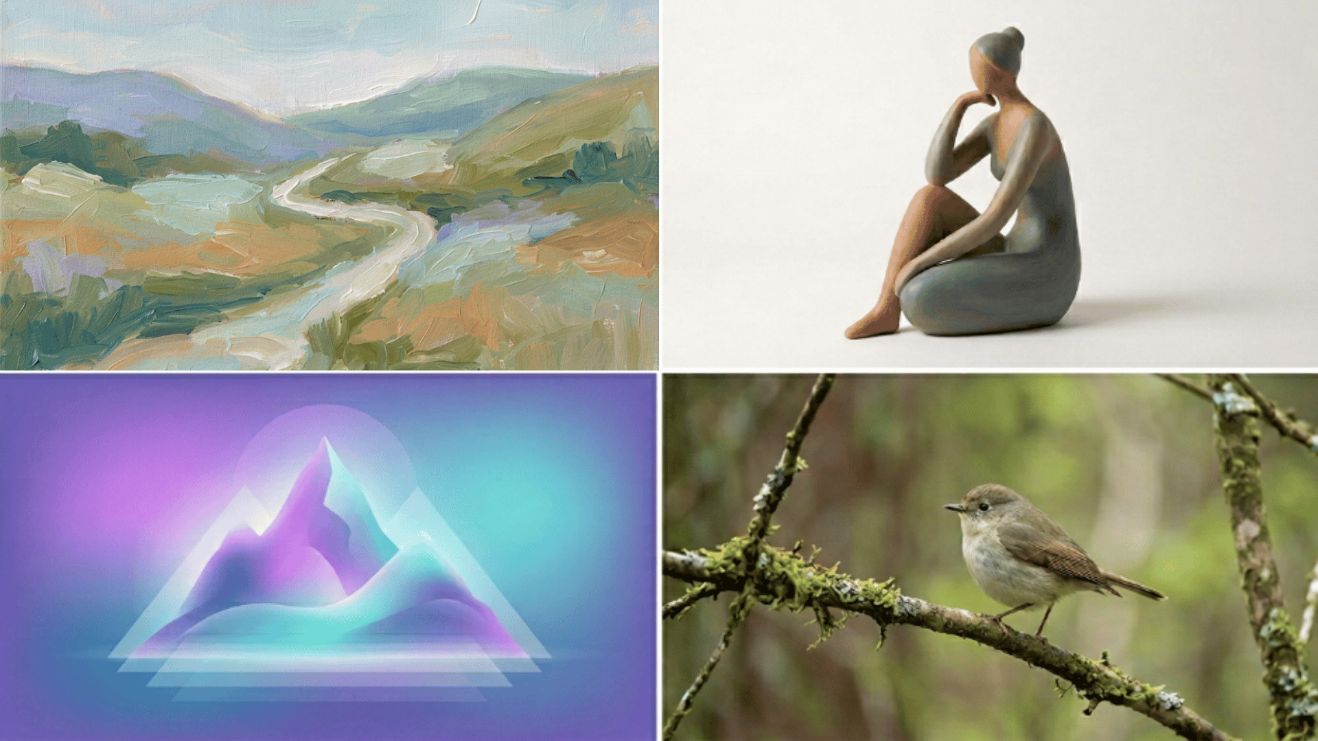 collage showing painting sculpture digital art and photography in four equal sections with consistent layout and soft lighting
