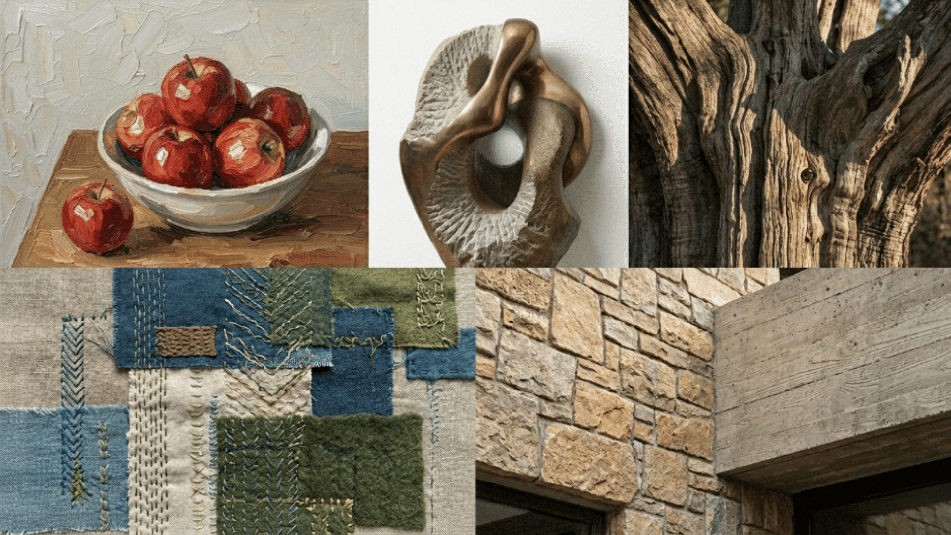 collage showing texture in painting sculpture wood photography textile art and architecture with detailed surfaces and natural lighting