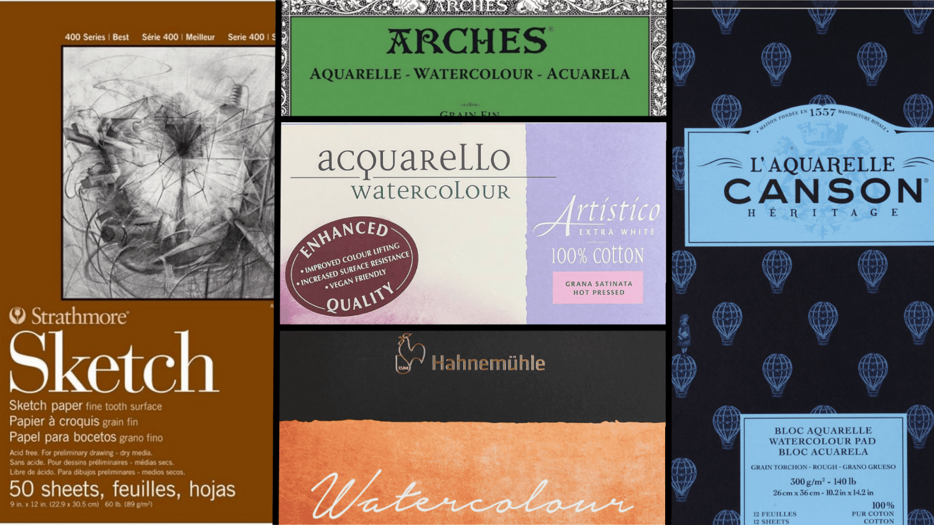 collage showing watercolor papers arches, canson heritage, artistico, strathmore, hahnemuhle