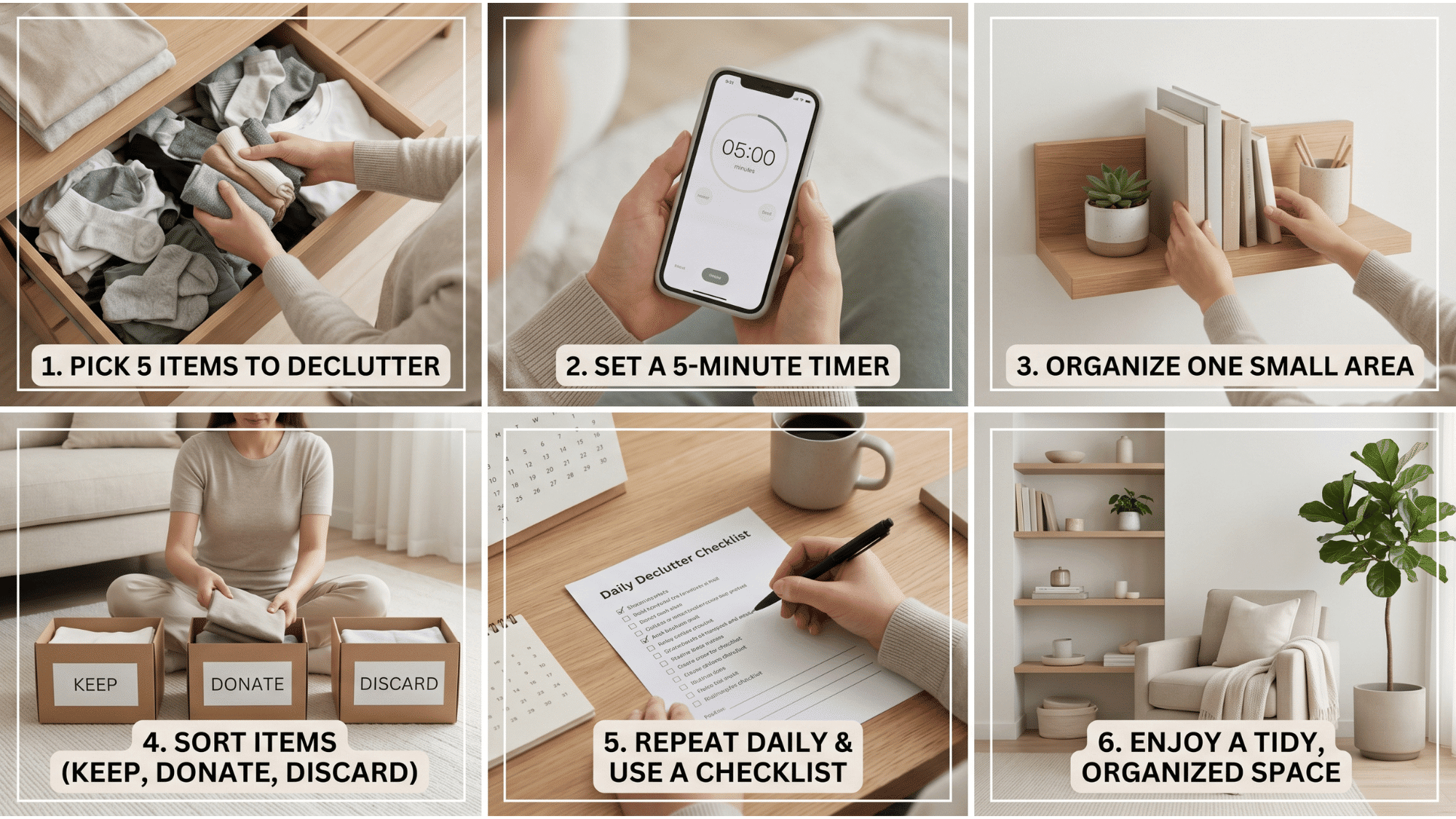 collage style image showing the 5-5-5 decluttering rule steps in a minimal home setting
