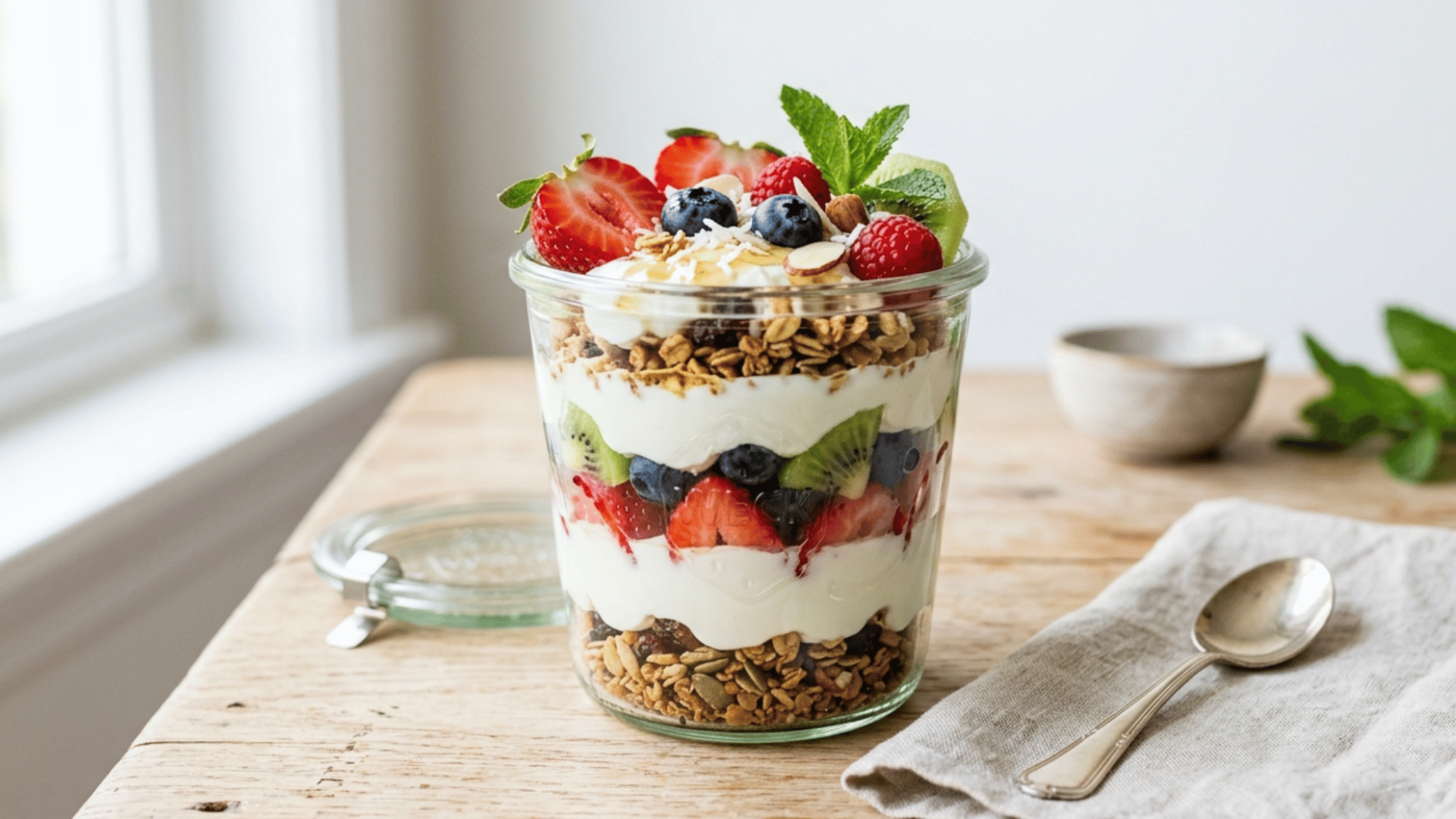 colorful fresh fruit parfait layered with greek yogurt and granola in a clear glass with honey drizzle