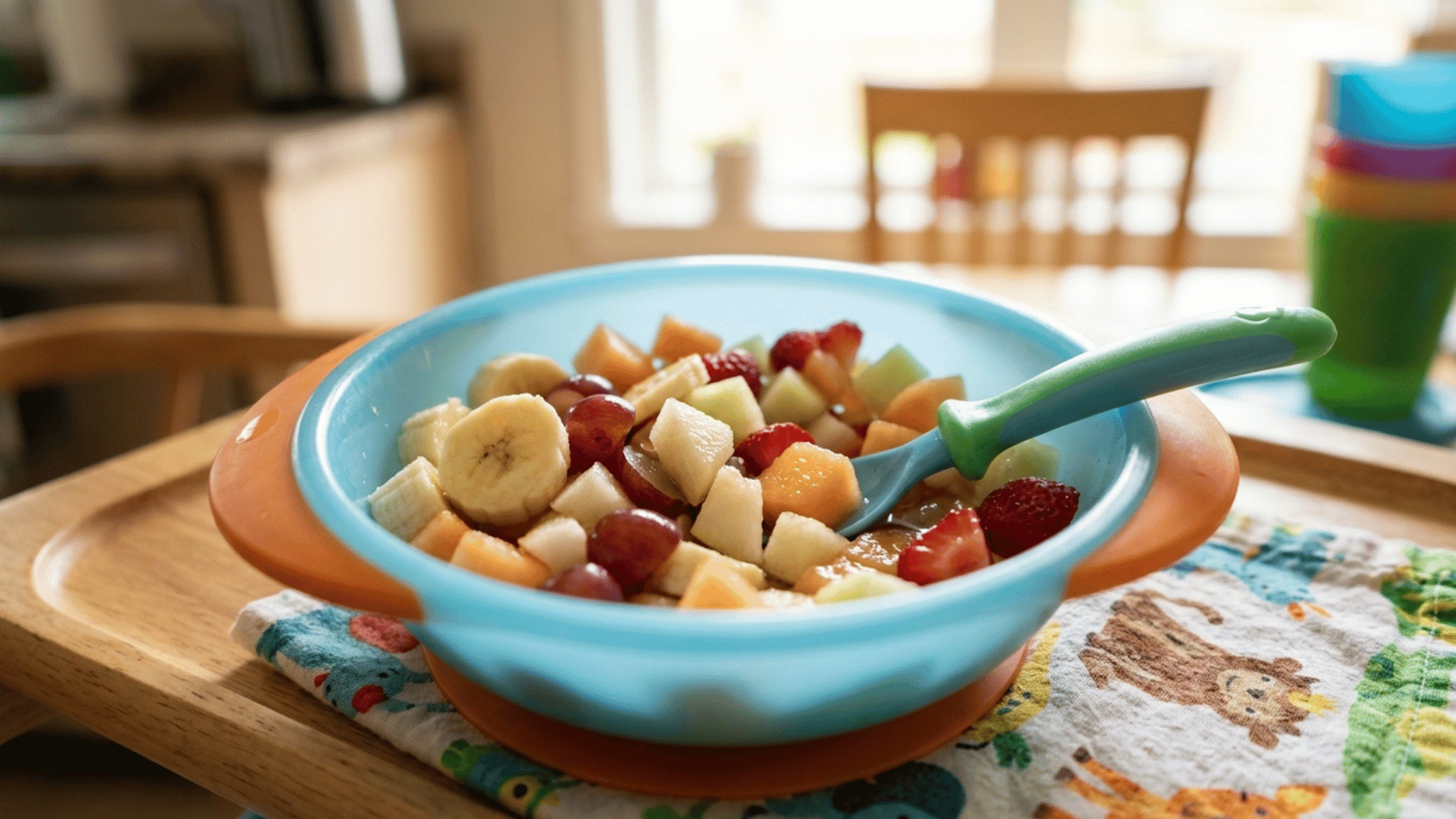 colorful fruit salad with avocado, strawberries, kiwi, and mango on a wooden table.