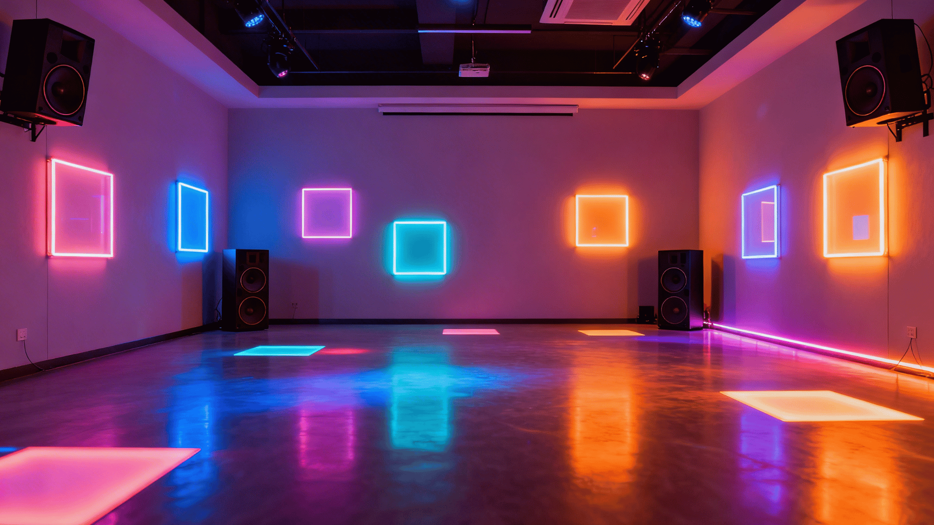 colorful indoor dance room with bright lights and music setup creating an energetic playful space (1)