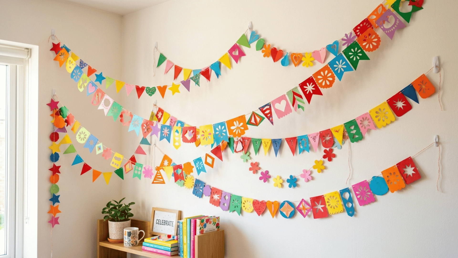 colorful paper garlands and festive banners hanging across a wall creating a cheerful decorated room