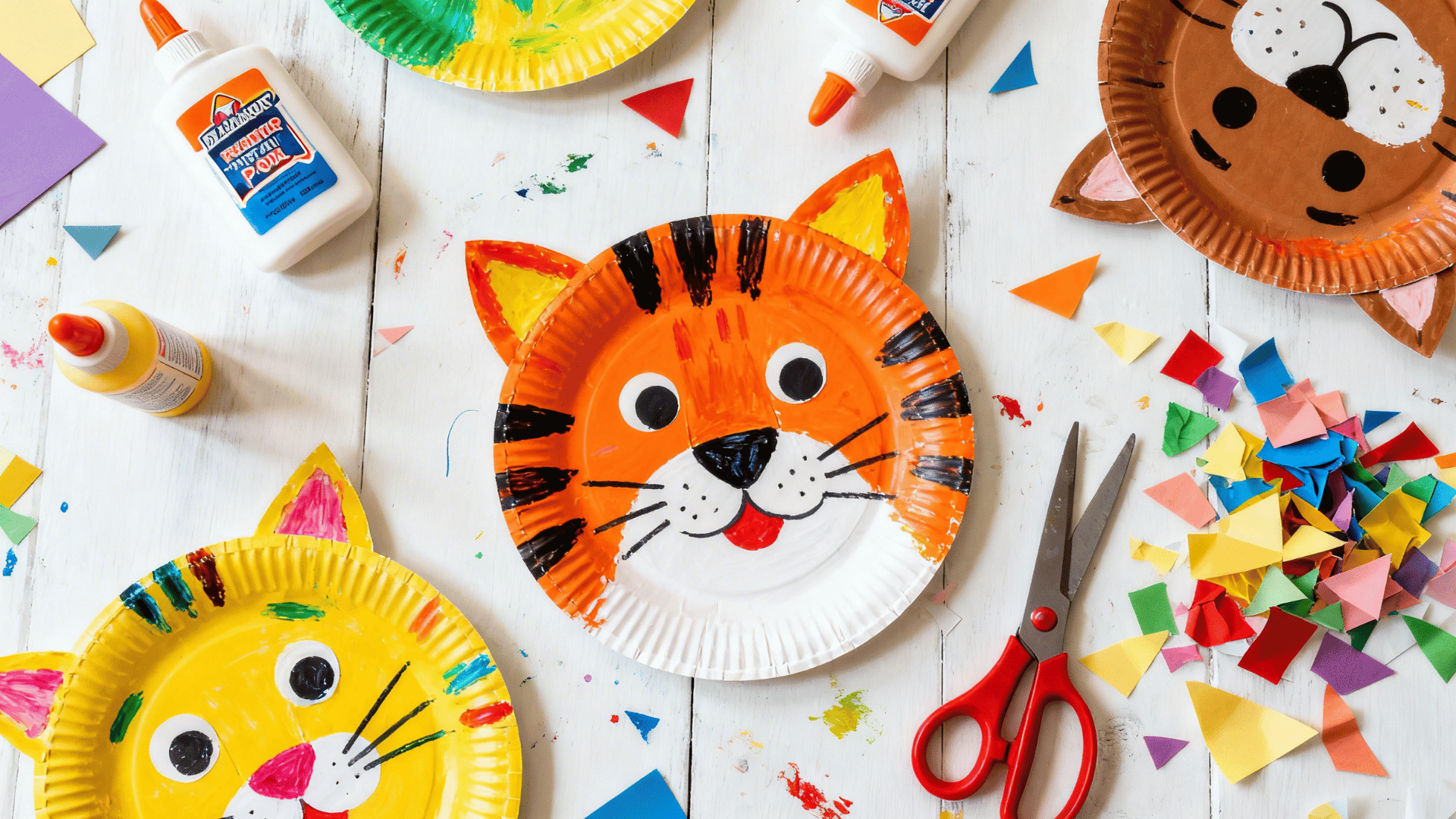 colorful paper plate animal crafts with scissors, glue, and paper shapes on a craft table