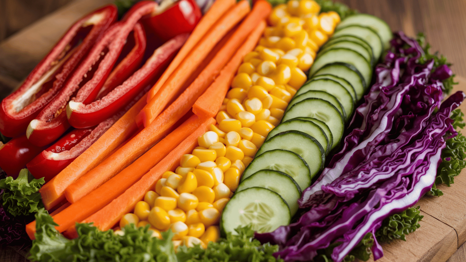 colorful veggie rainbow platter with red peppers, carrots, and cucumbers