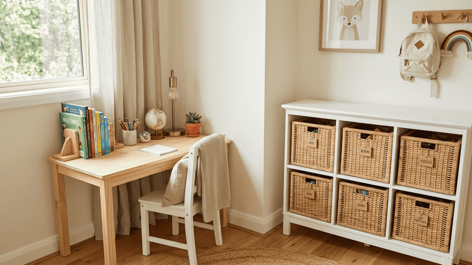 combined play and study zone with desk and storage arranged in one corner of a compact playroom