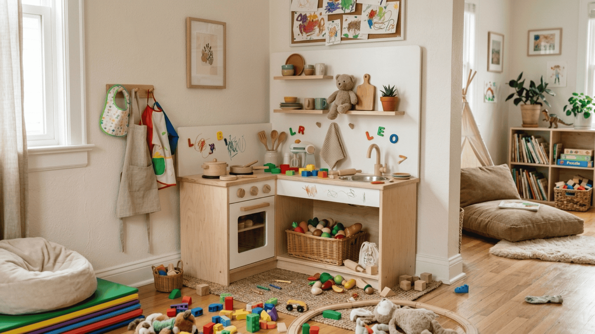 compact play kitchen placed in corner saving space while keeping play area functional in a small playroom