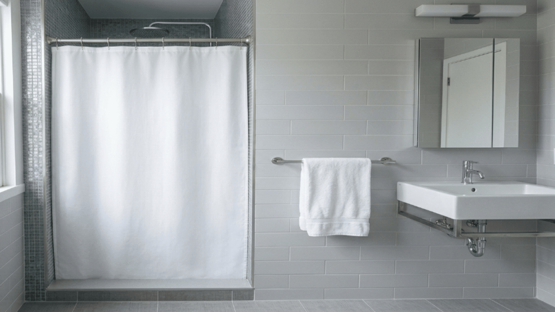 compact shower stall with fitted curtain at correct shower curtain height, minimal design and neat tile finish