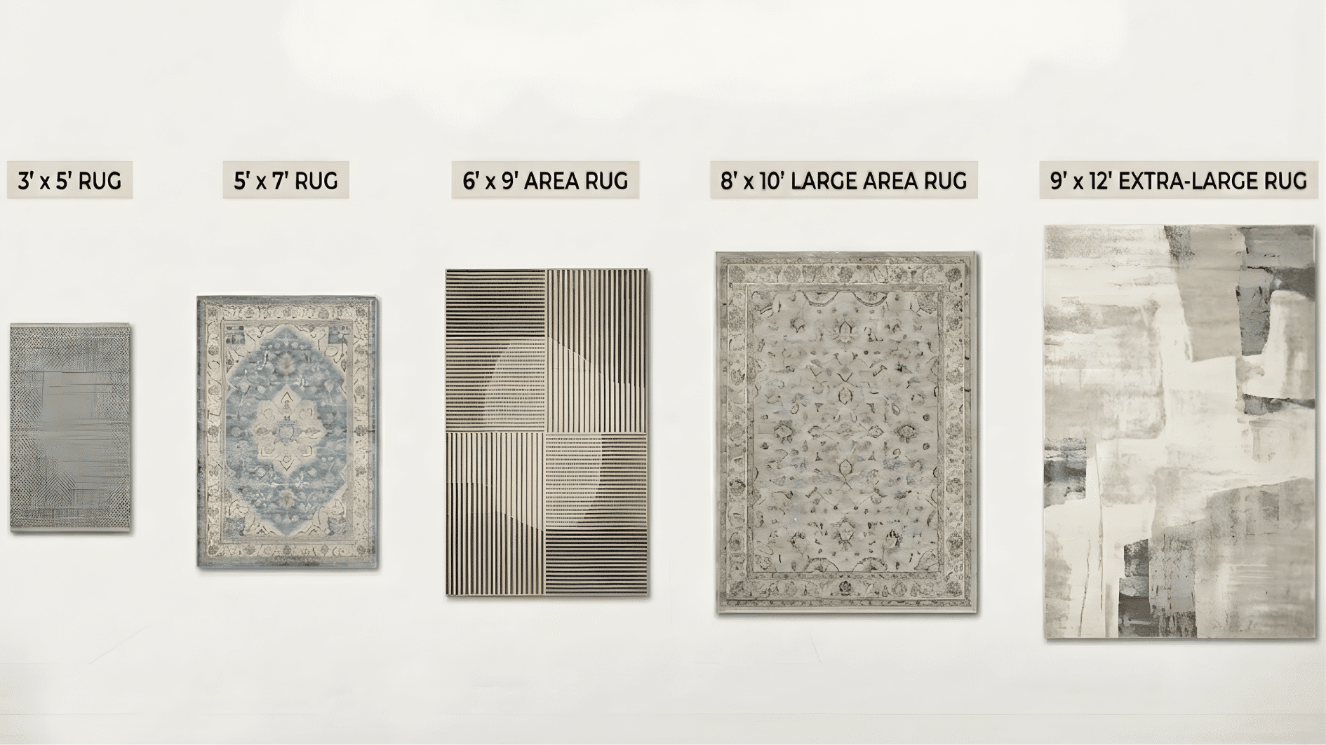 comparison image showing 5x7 6x9 8x10 and 9x12 rug sizes in a living room layout with labeled dimensions
