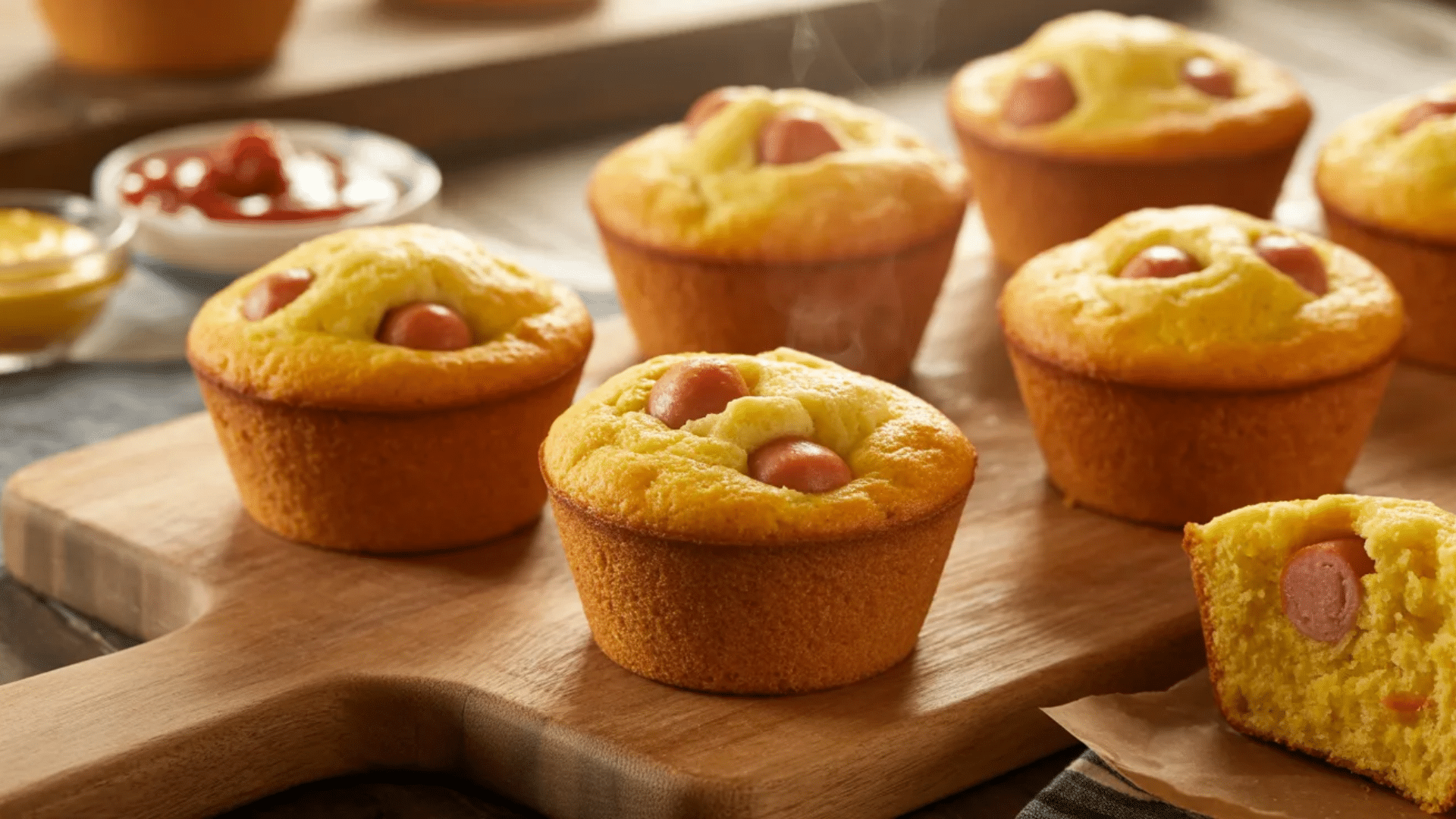 corn dog muffins with mini sausages baked in golden cornbread batter