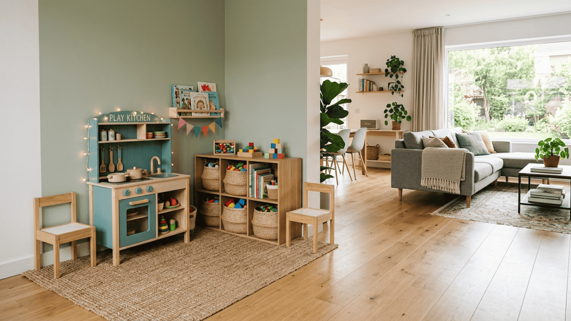 corner play zone with compact toy setup and storage placed neatly to keep the rest of the playroom open and uncluttered