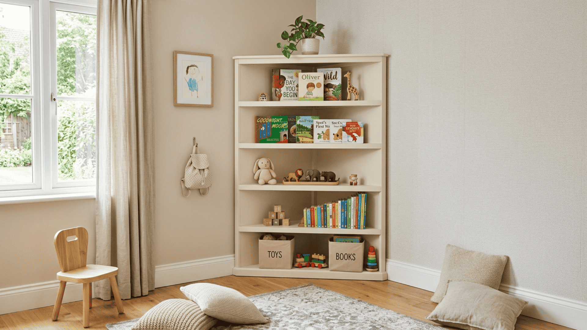 corner shelving unit using unused corner space to store books and toys without blocking floor area in a small playroom