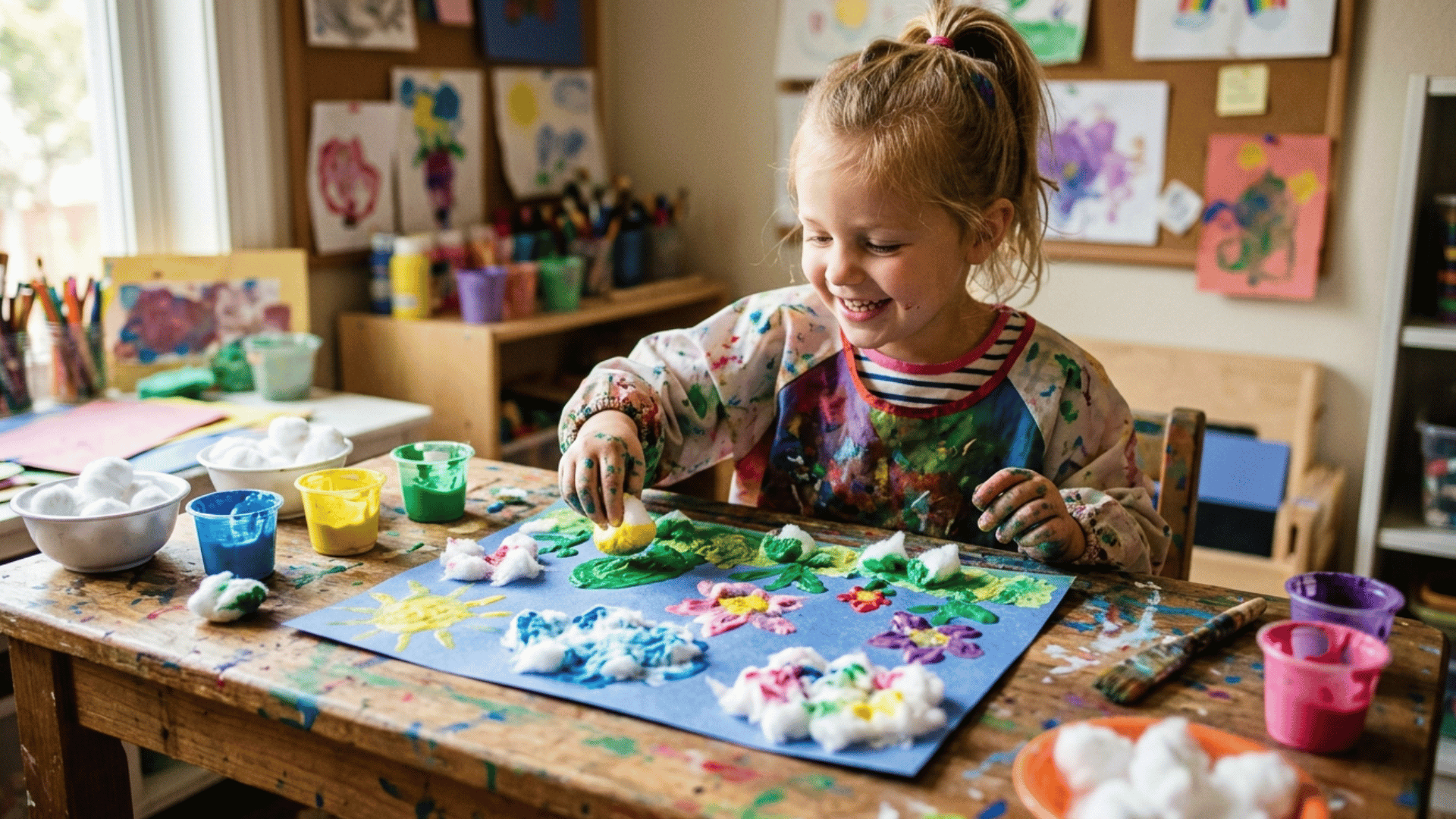 cotton ball painting activity for kids creating soft textured art using paint and cotton balls indoors