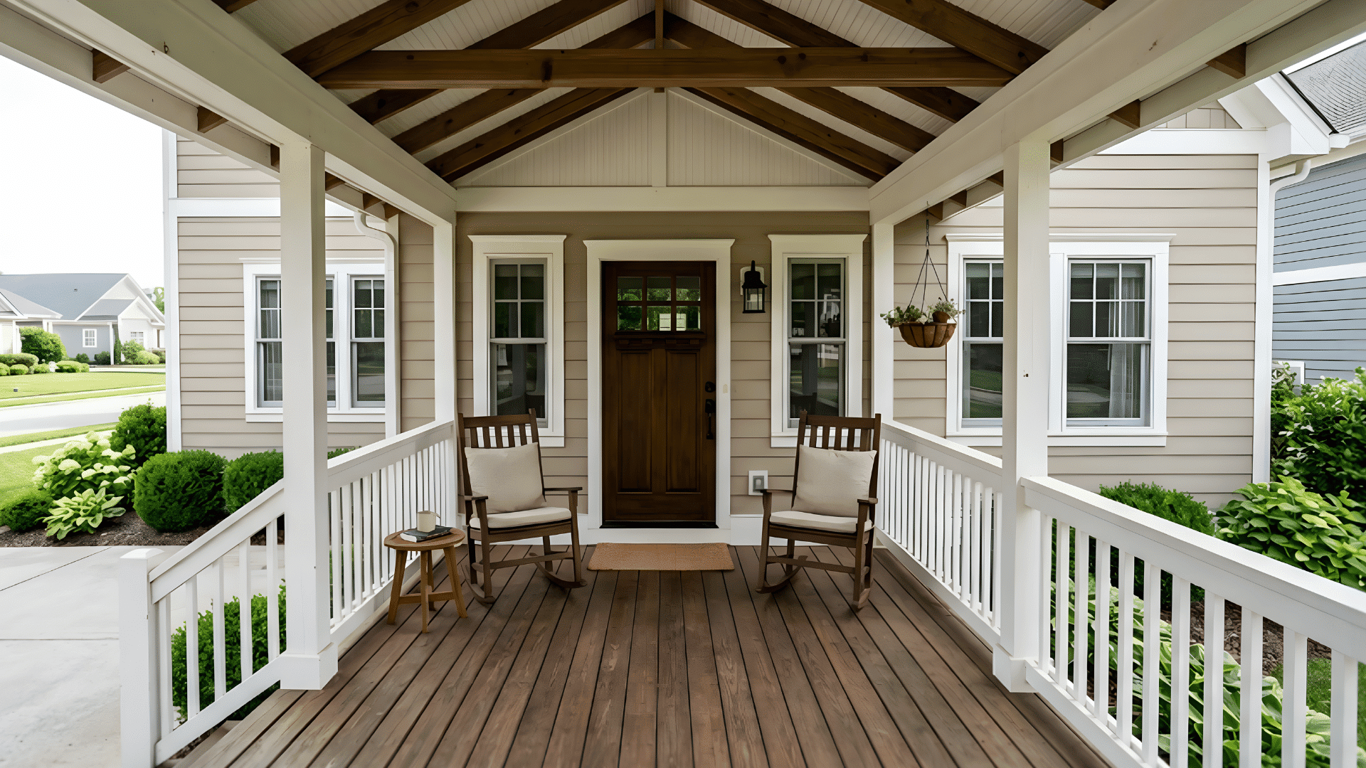 covered front porch with two wooden rocking chairs near door in a clean and balanced layout with natural light