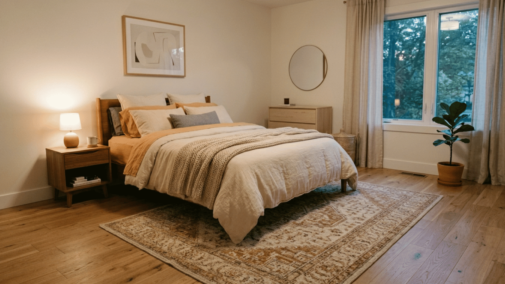 cozy bedroom with queen bed partially on 6x9 rug showing placement and soft floor coverage