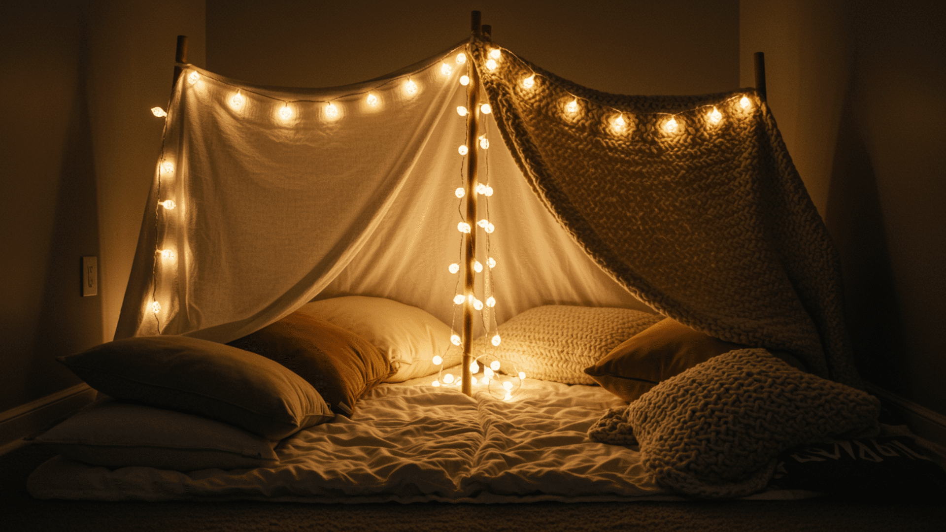 cozy blanket fort with soft pillows and warm glowing string lights creating a playful indoor hideout