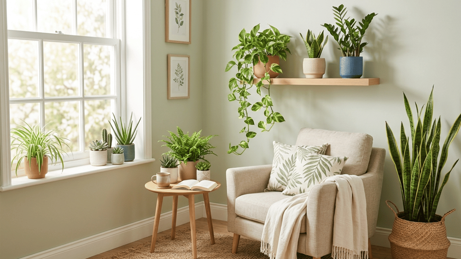 cozy corner with indoor plants, armchair, and small table near a bright window.