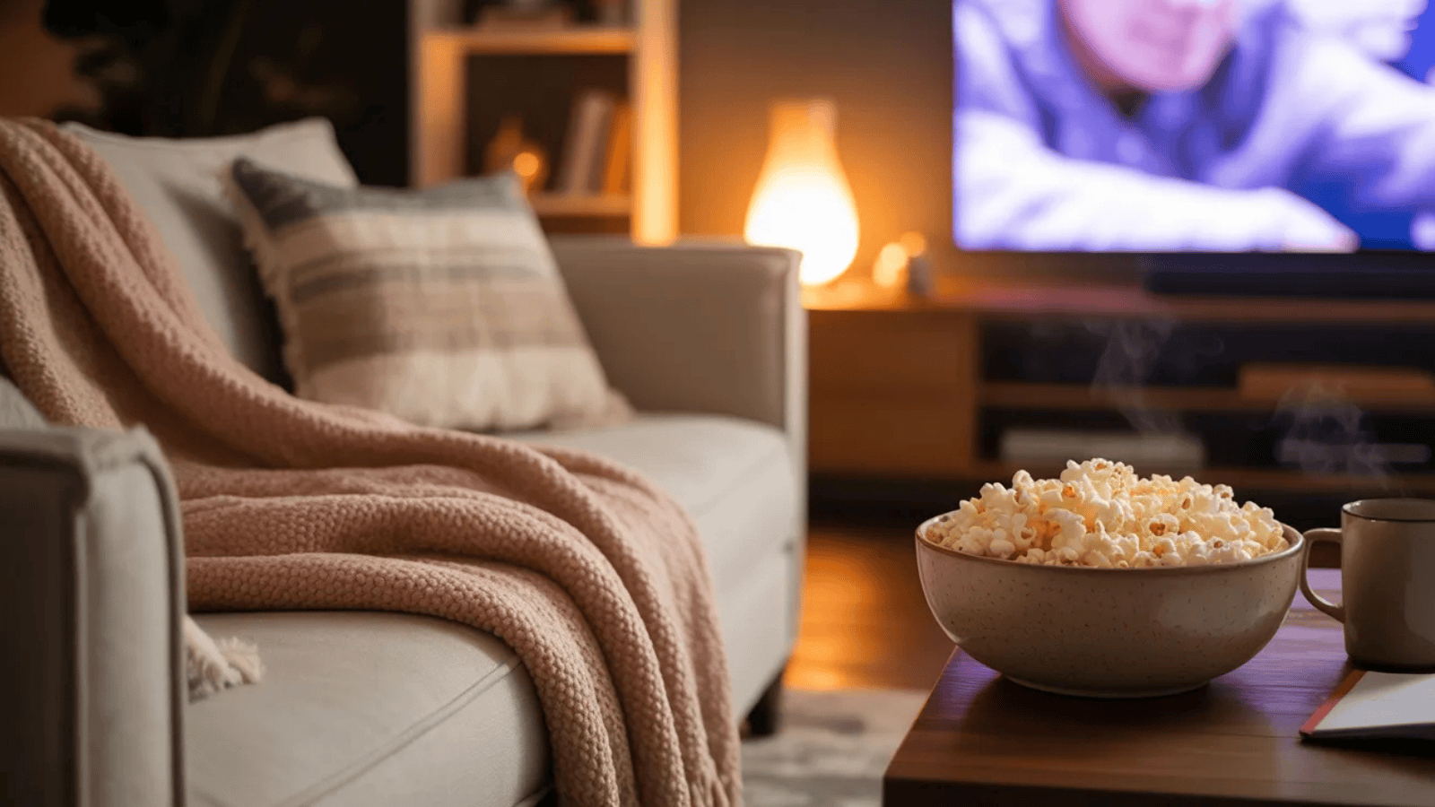cozy living room setup with a blanket on a sofa, a bowl of popcorn, dim warm lighting, and a glowing screen in the background