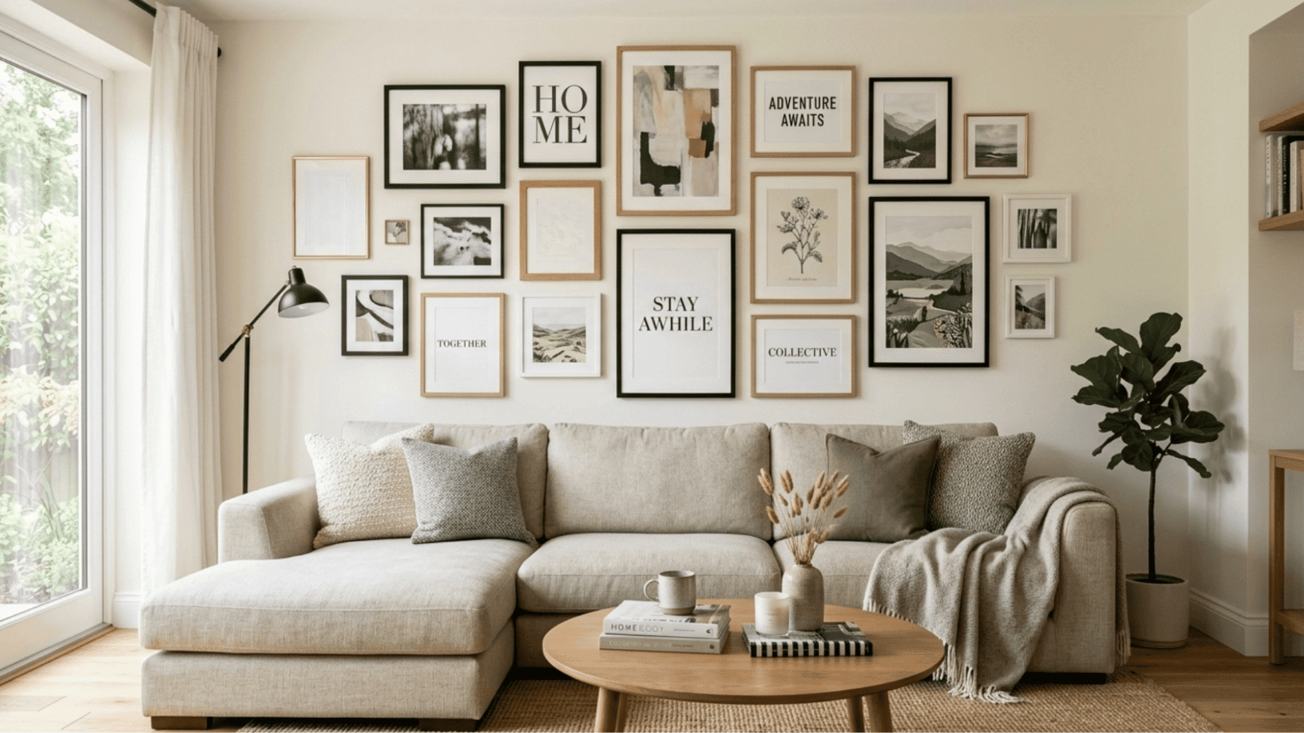 cozy living room with gallery wall of mixed frames and art above sofa, balanced layout, neutral tones and natural light