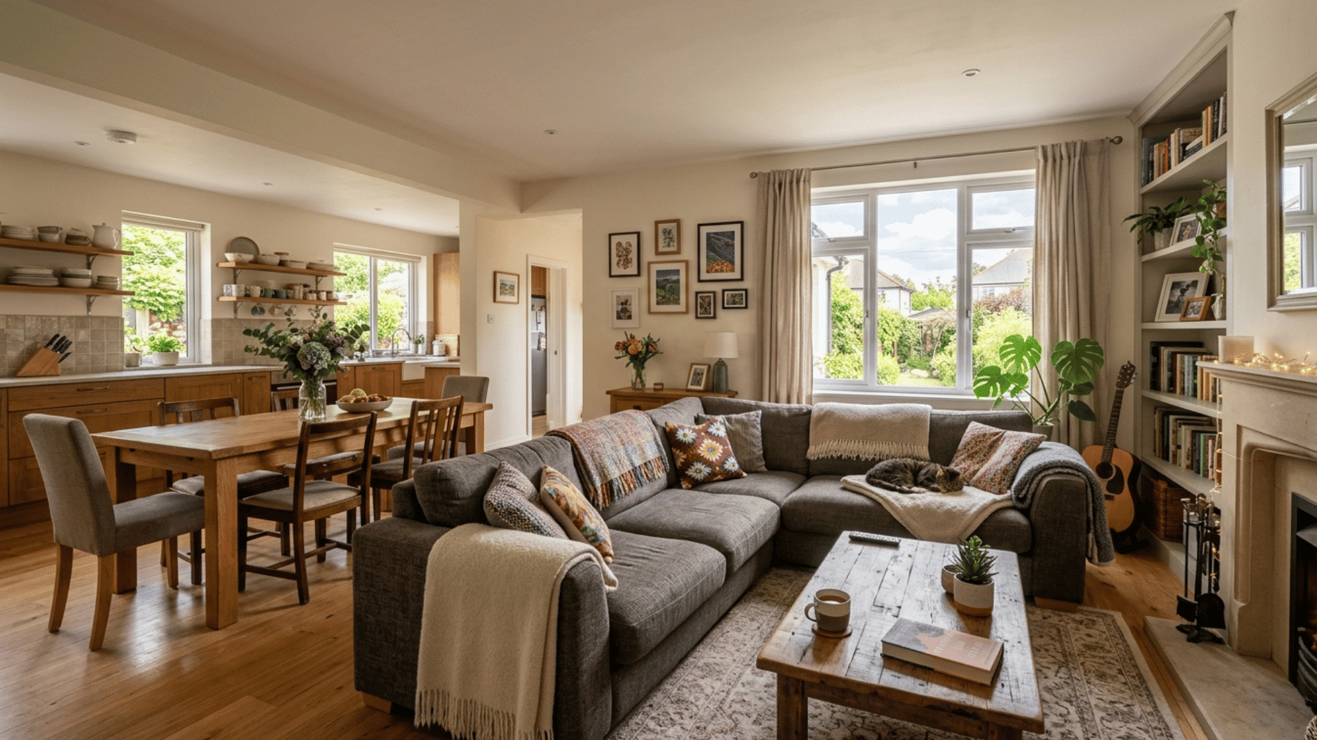 cozy living room with sofa, coffee table, fireplace, and open kitchen in background..