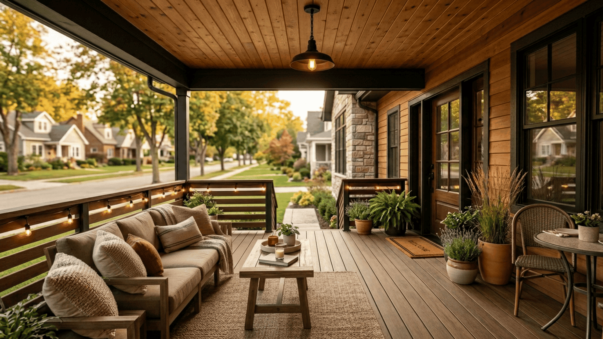 cozy modern porch with wooden furniture plants warm lighting and inviting outdoor seating
