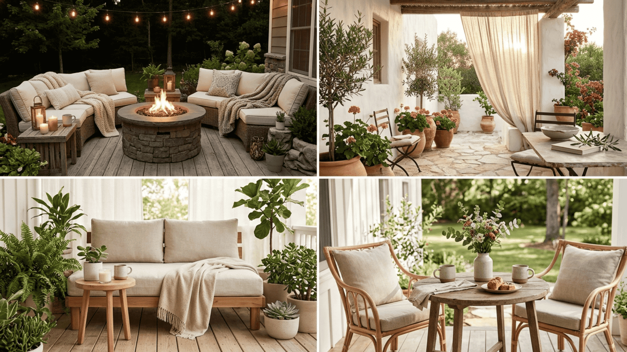 cozy outdoor patio with fire pit plants soft cushions and relaxing garden seating area