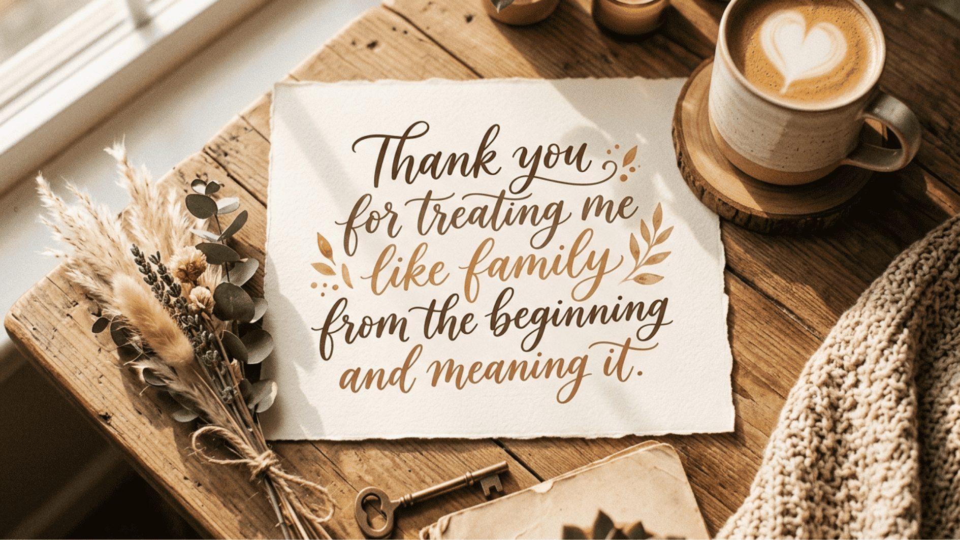 cozy styled card with gratitude message about being treated like family, surrounded by dried flowers, coffee, and warm decor