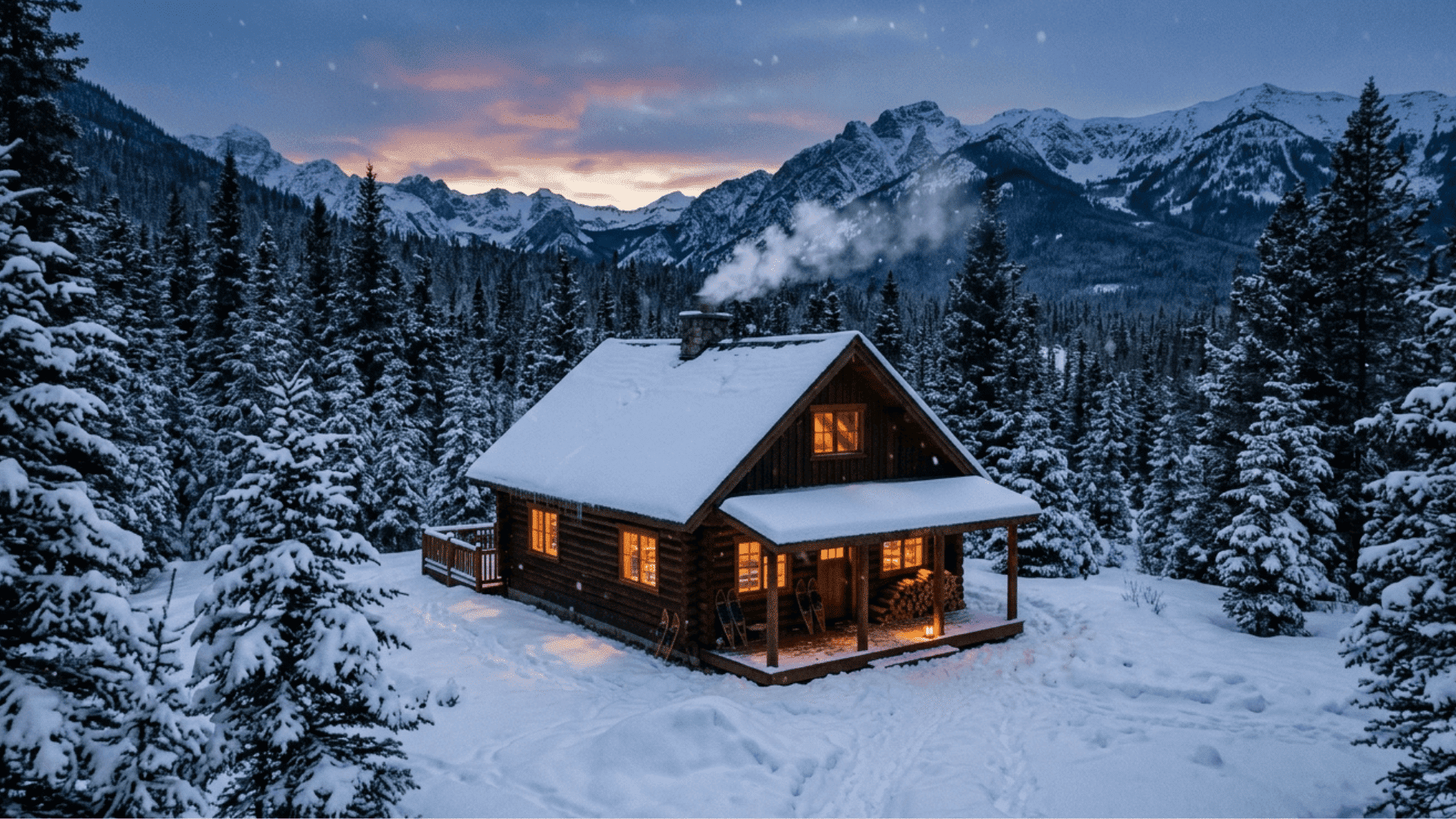 cozy wooden cabin in a snow-covered mountain landscape at dusk, warm golden light glowing from the windows, smoke rising from the chimney