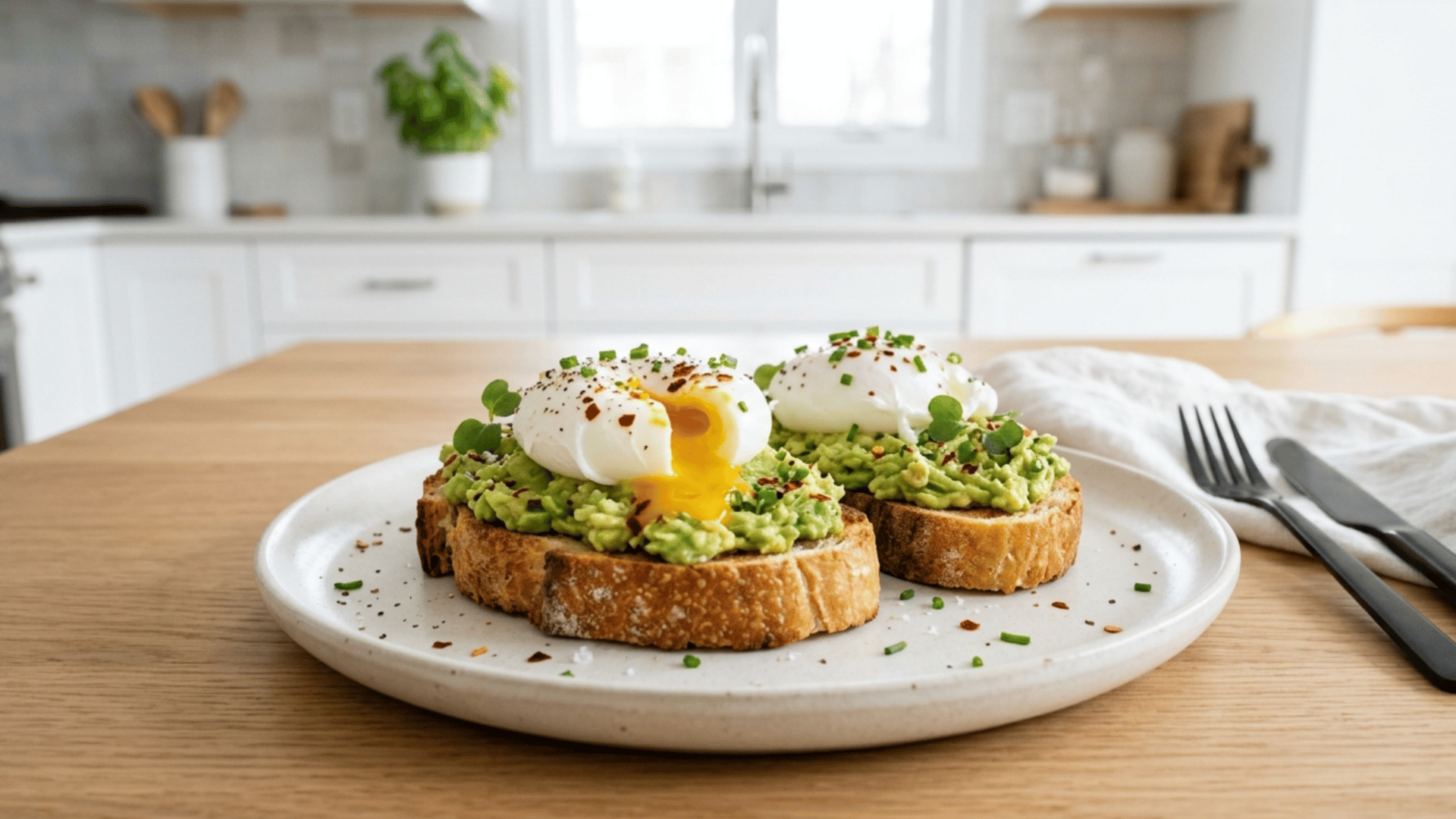 creamy avocado toast topped with poached eggs and red pepper flakes on toasted sourdough bread
