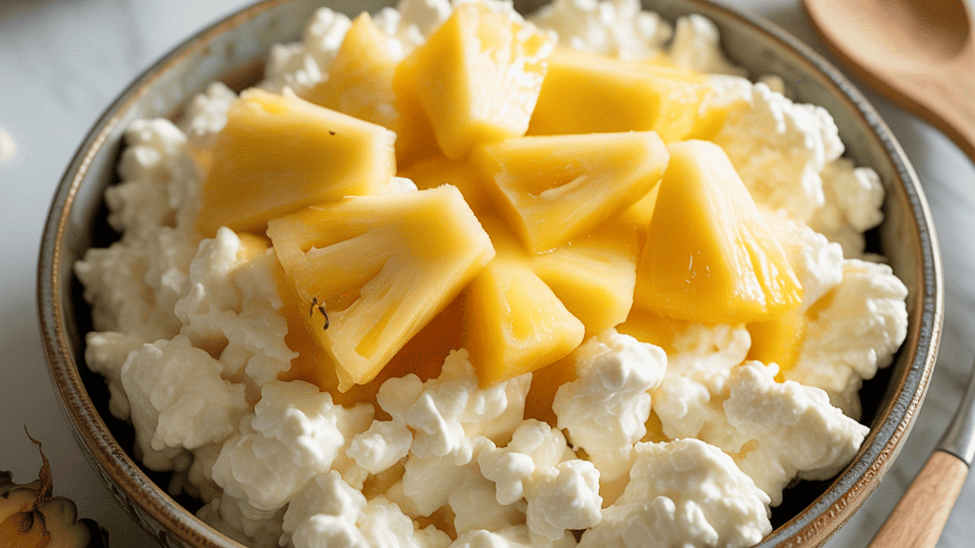 creamy cottage cheese paired with sweet pineapple chunks for a healthy snack