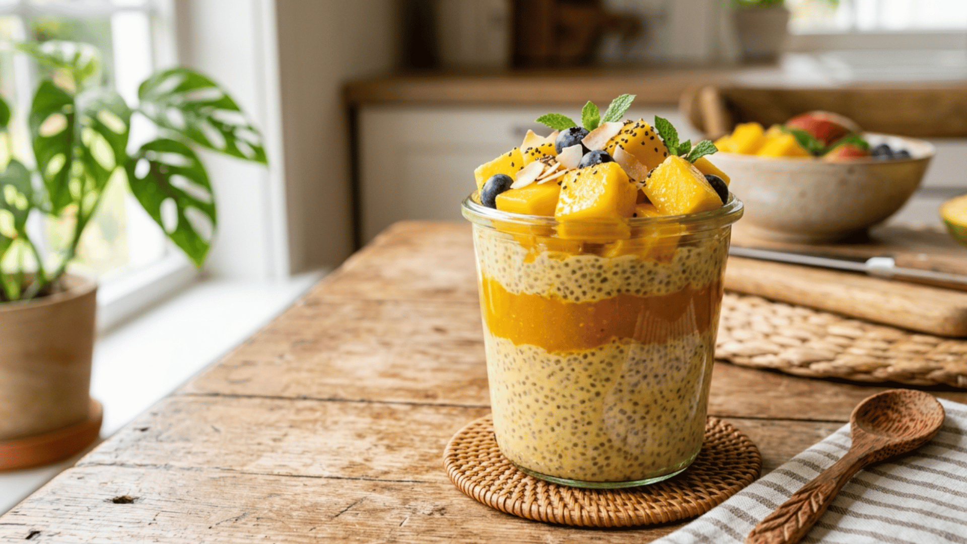 creamy mango chia pudding topped with fresh diced mango and lime zest in a glass jar