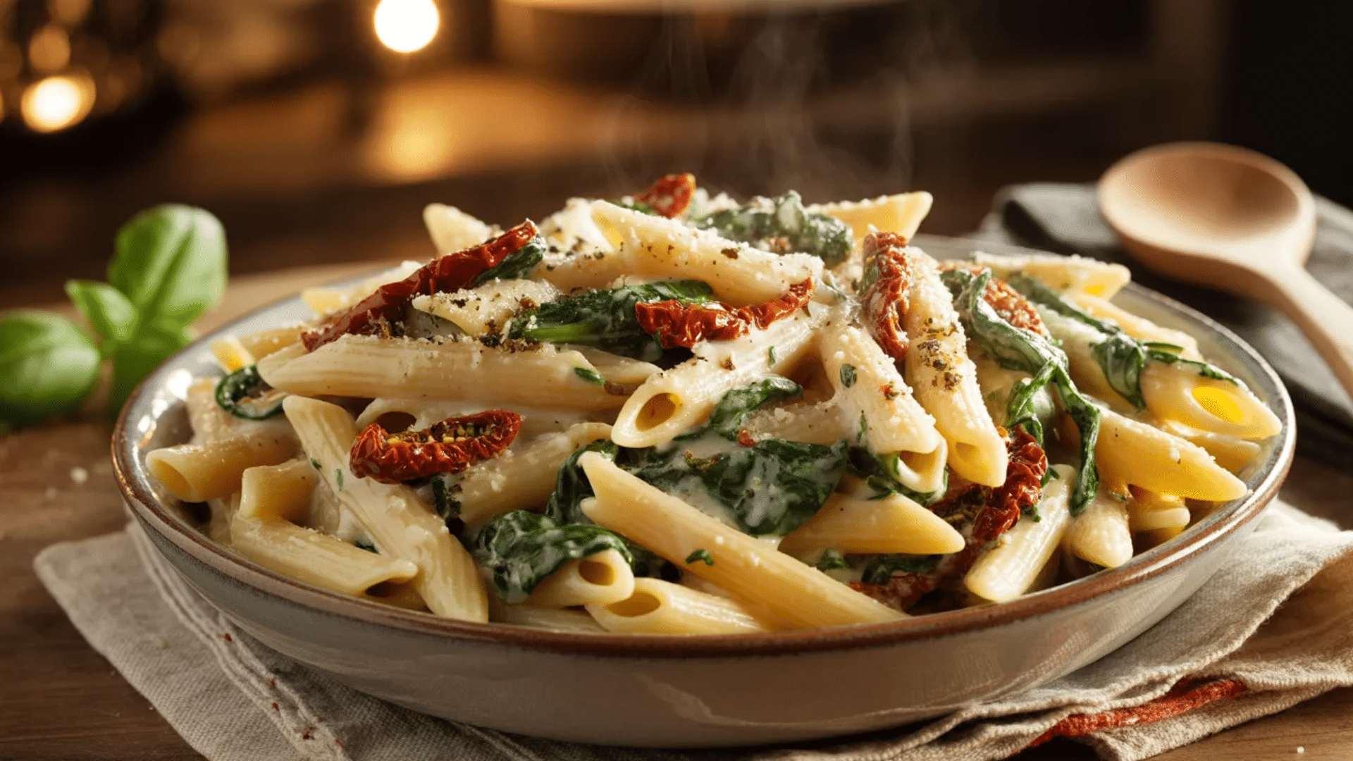 creamy penne pasta with spinach and sun dried tomatoes topped with parmesan cheese served hot in a bowl
